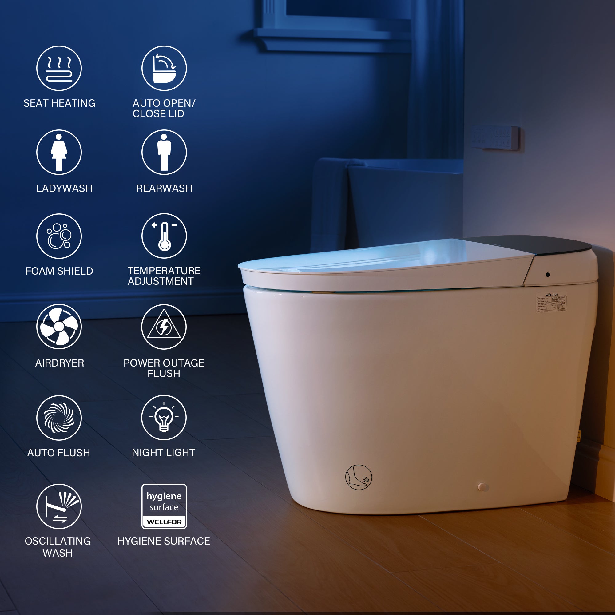 Elongated Smart Bidet Toilet in White with Built-in Tank, Foot Sensor Function, Auto Flush,LED Display, 12-in Rough-In 1.6 GPF