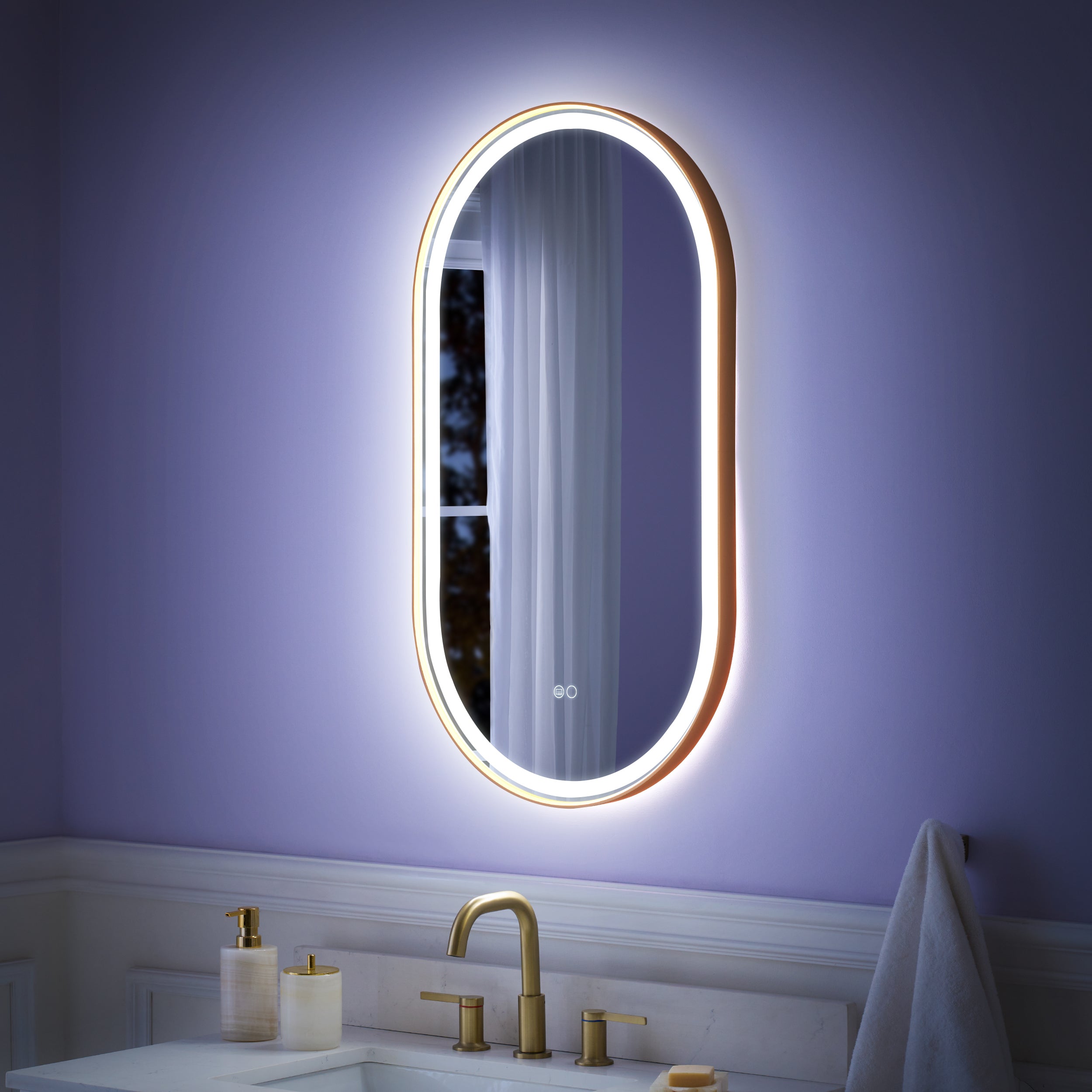 20 in. W x 36 in. H Oval LED Framed Mirror, Anti-Fog, Dimmable in Brushed Gold