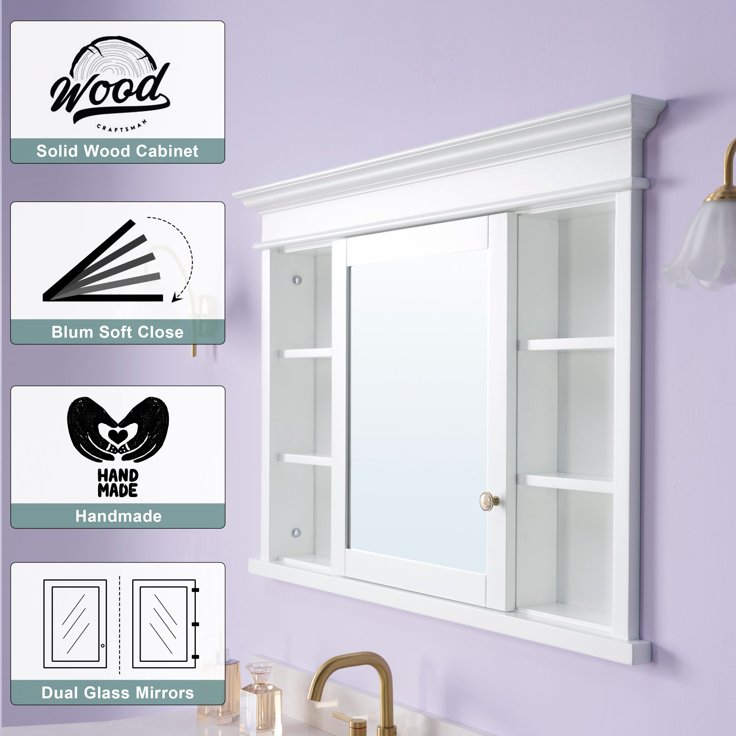 48 in.W x 32 in.H Recessed Solid Wood Bathroom Medicine Cabinet with Mirror in White