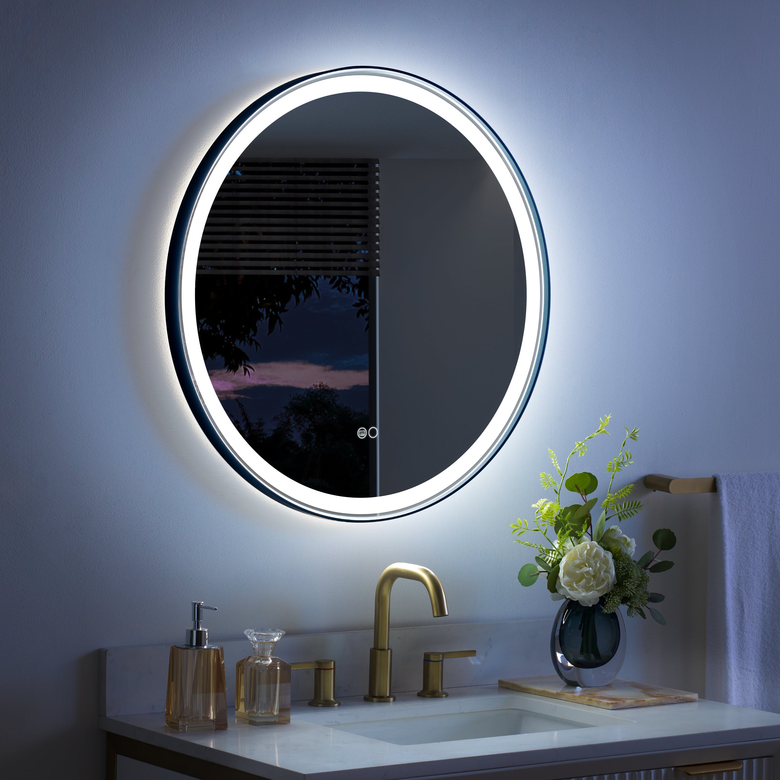 28 in. W x 28 in. H Framed Round LED Light Bathroom Vanity Mirror in Matte Black