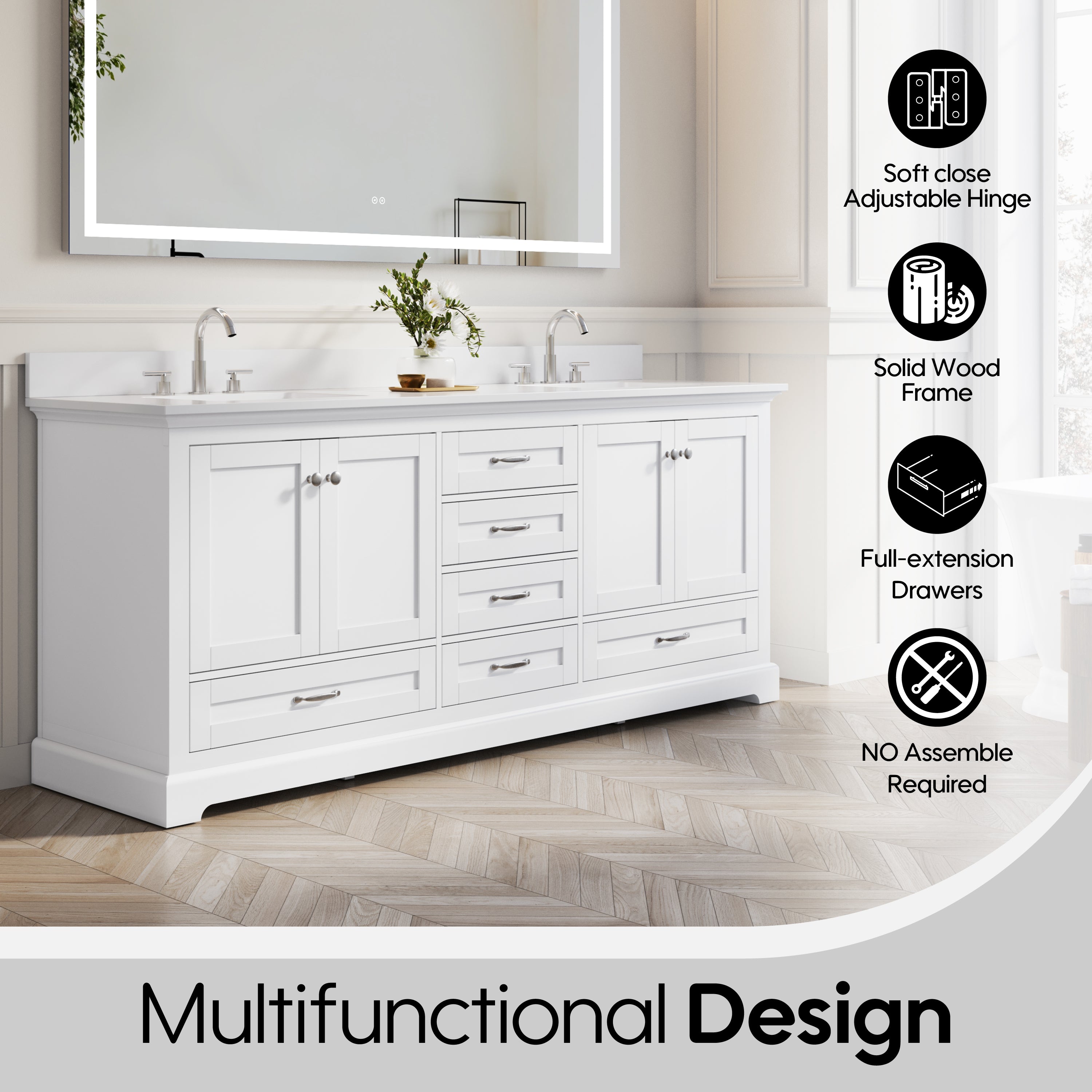 80" White Double Sinks Bathroom Vanity with Solid Wood Frame, Soft Close 6 Drawers, Pure White Cultured Marble Countertop