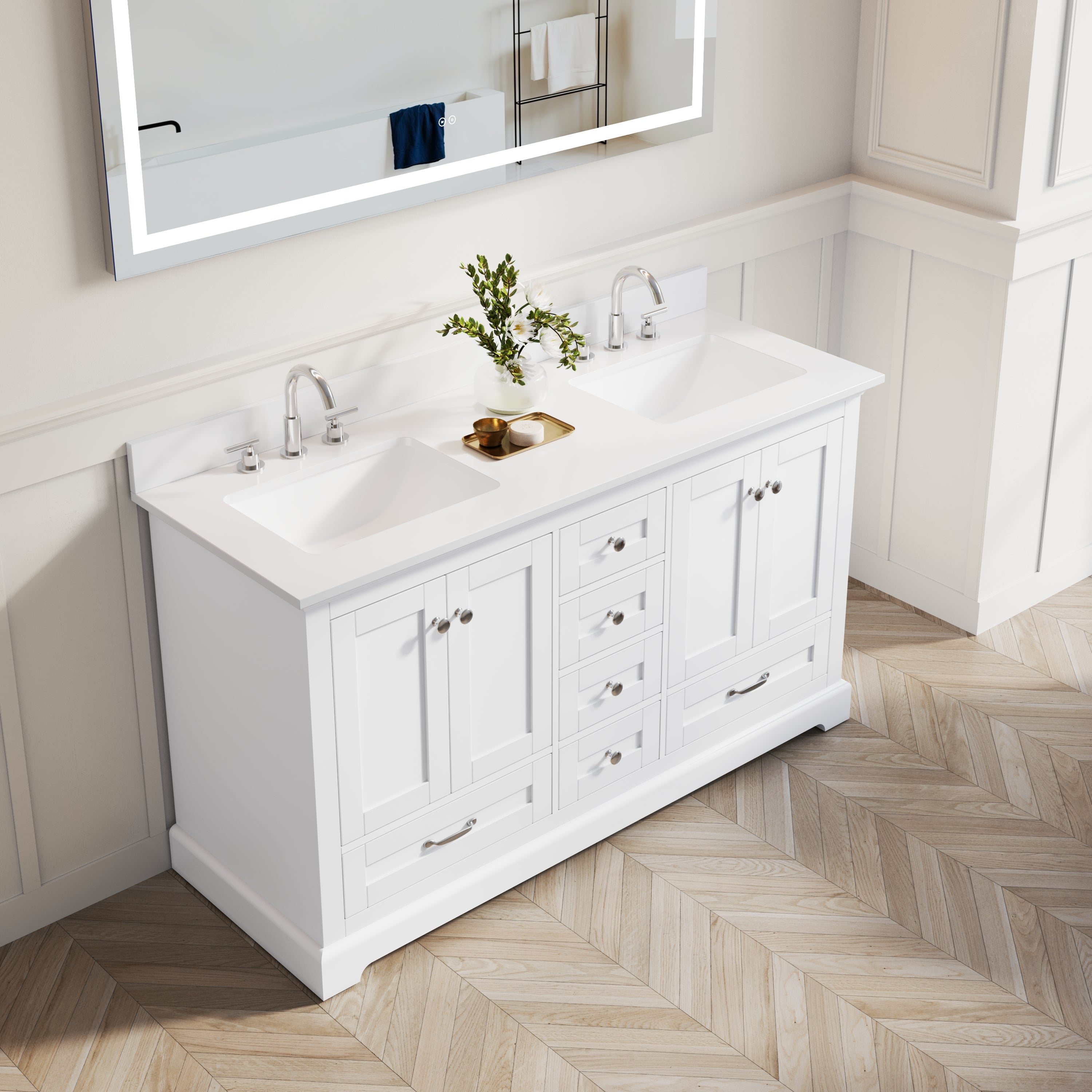 60 Inch White Bathroom Vanity with 2 cUPC Undermount Basins with 4 Doors and 6 Drawers