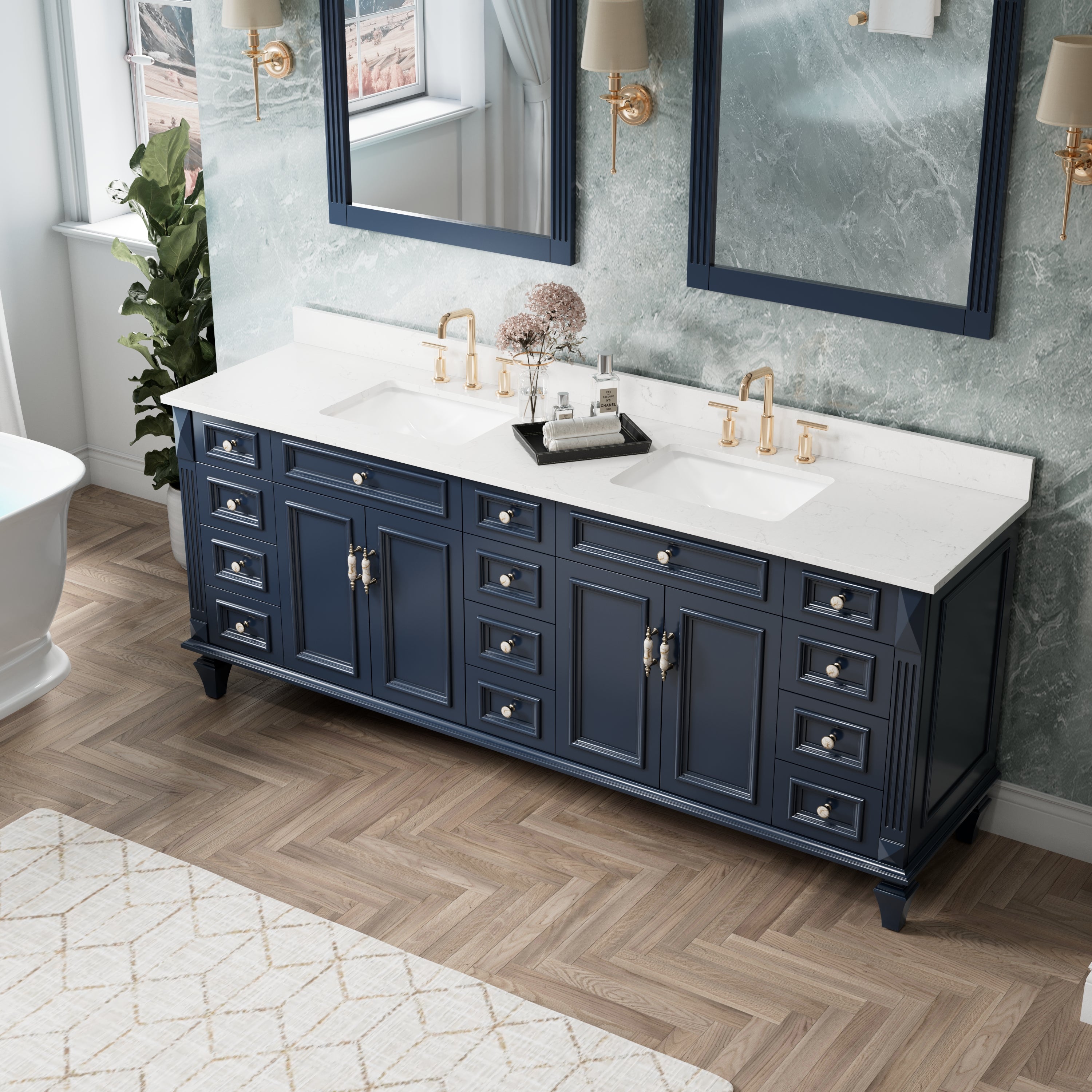 84 in. Freestanding Solid Wood Bathroom Vanity with Carrara White Quartz Countertop, Navy Blue