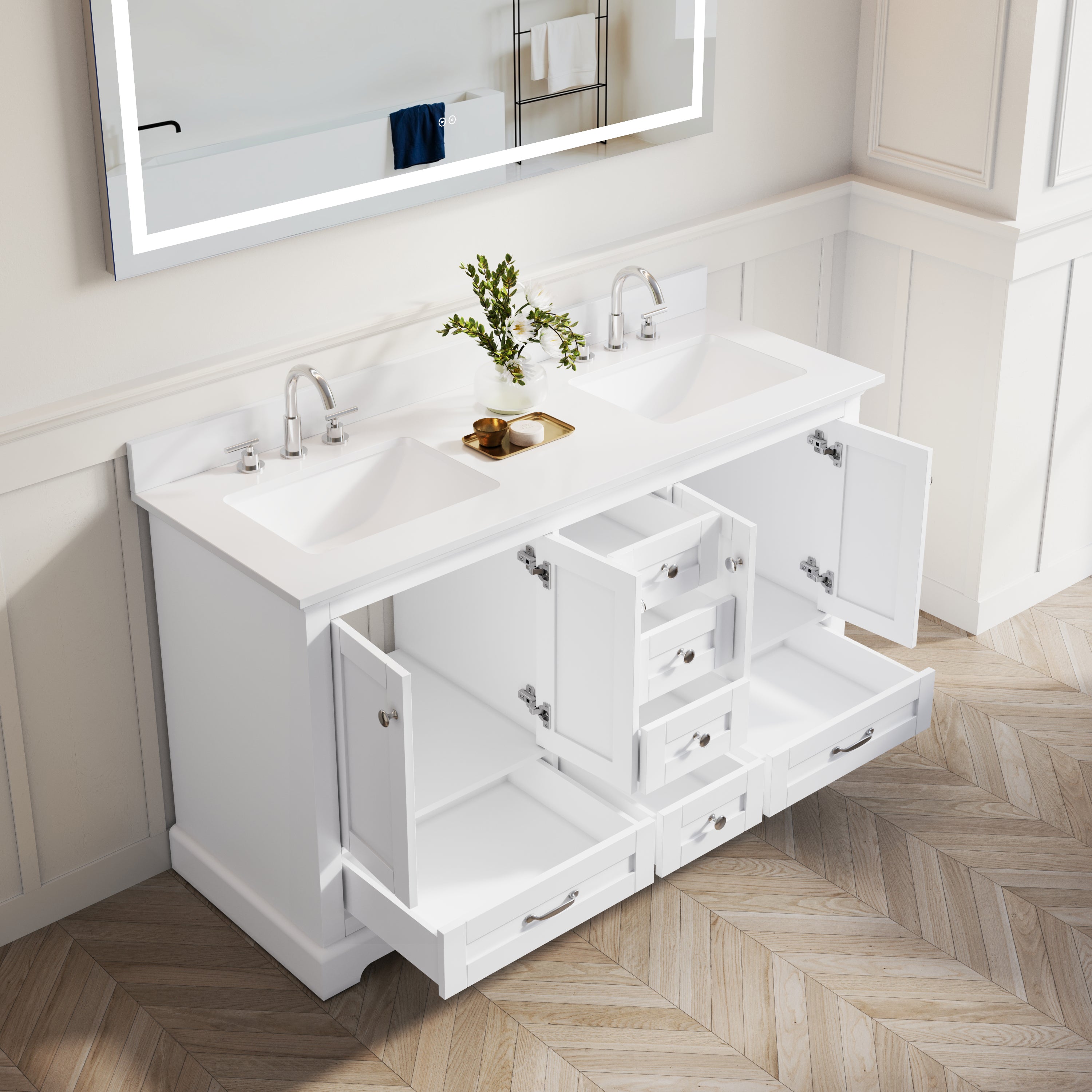 60 Inch White Bathroom Vanity with 2 cUPC Undermount Basins with 4 Doors and 6 Drawers