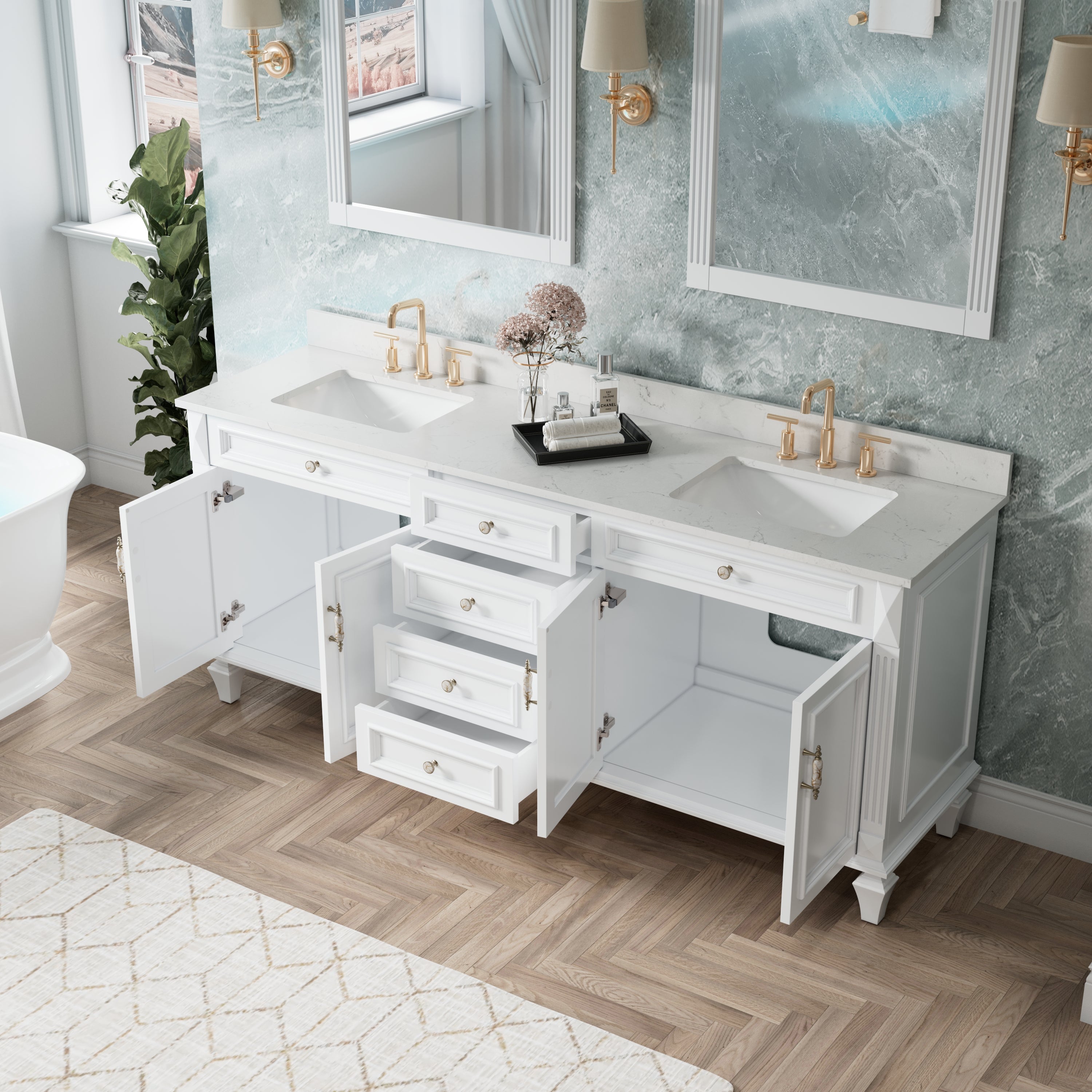 80 in. Freestanding Solid Wood Bathroom Vanity with Carrara White Quartz Countertop, White