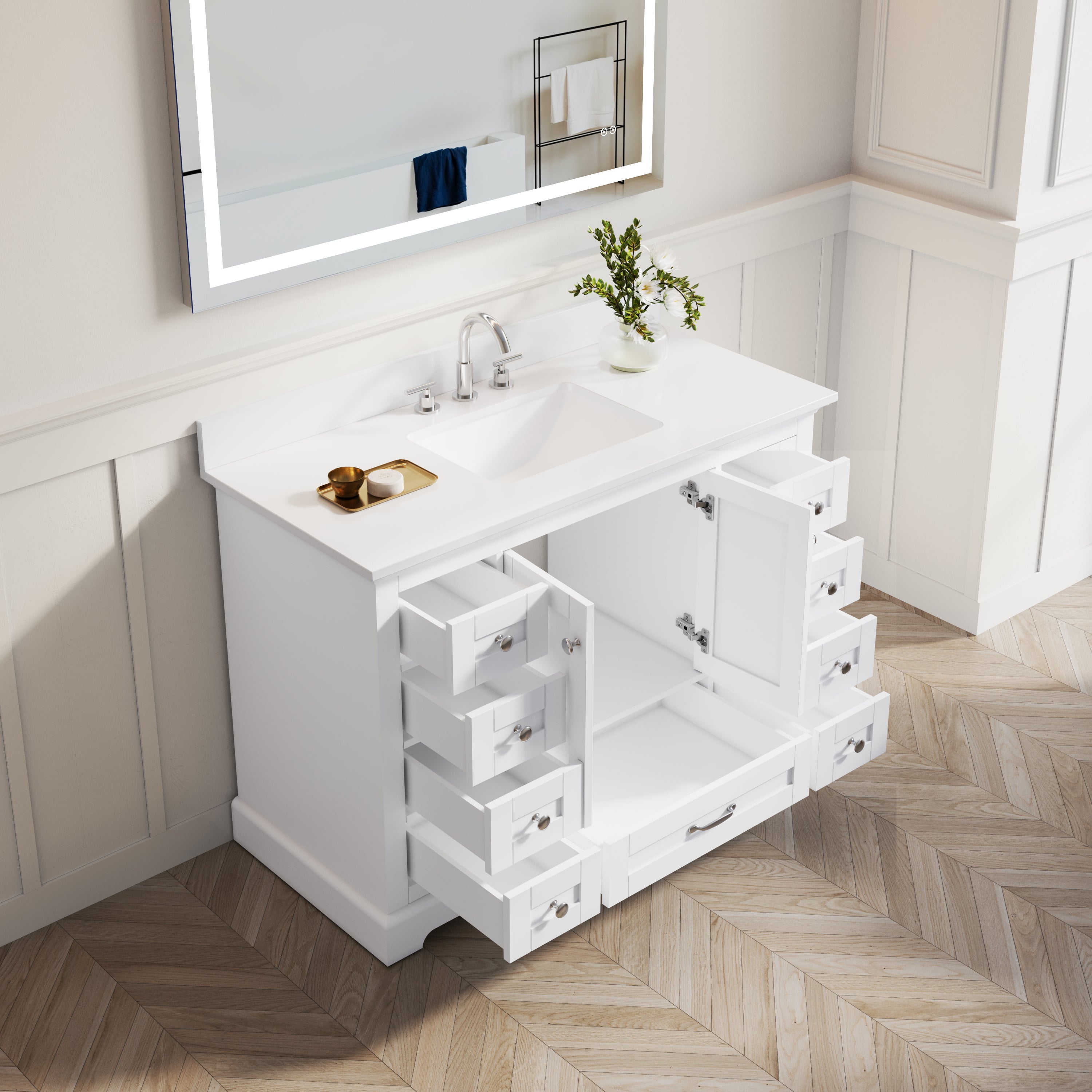 48 Inch White Bathroom Vanity with cUPC Undermount Basin with 2 Doors and 9 Drawers