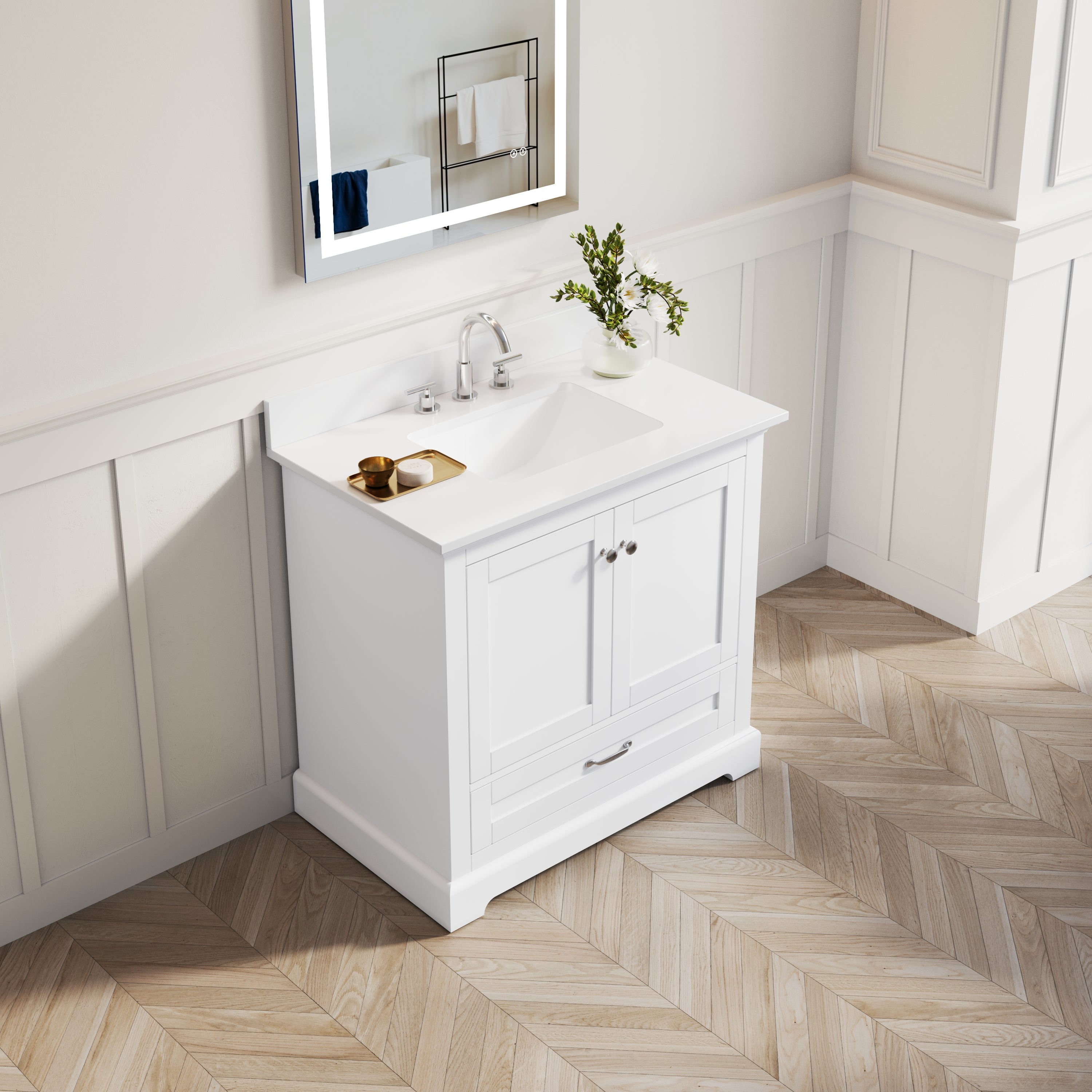 36 Inch White Bathroom Vanity with cUPC Undermount Basin with 2 Doors and 1 Drawer