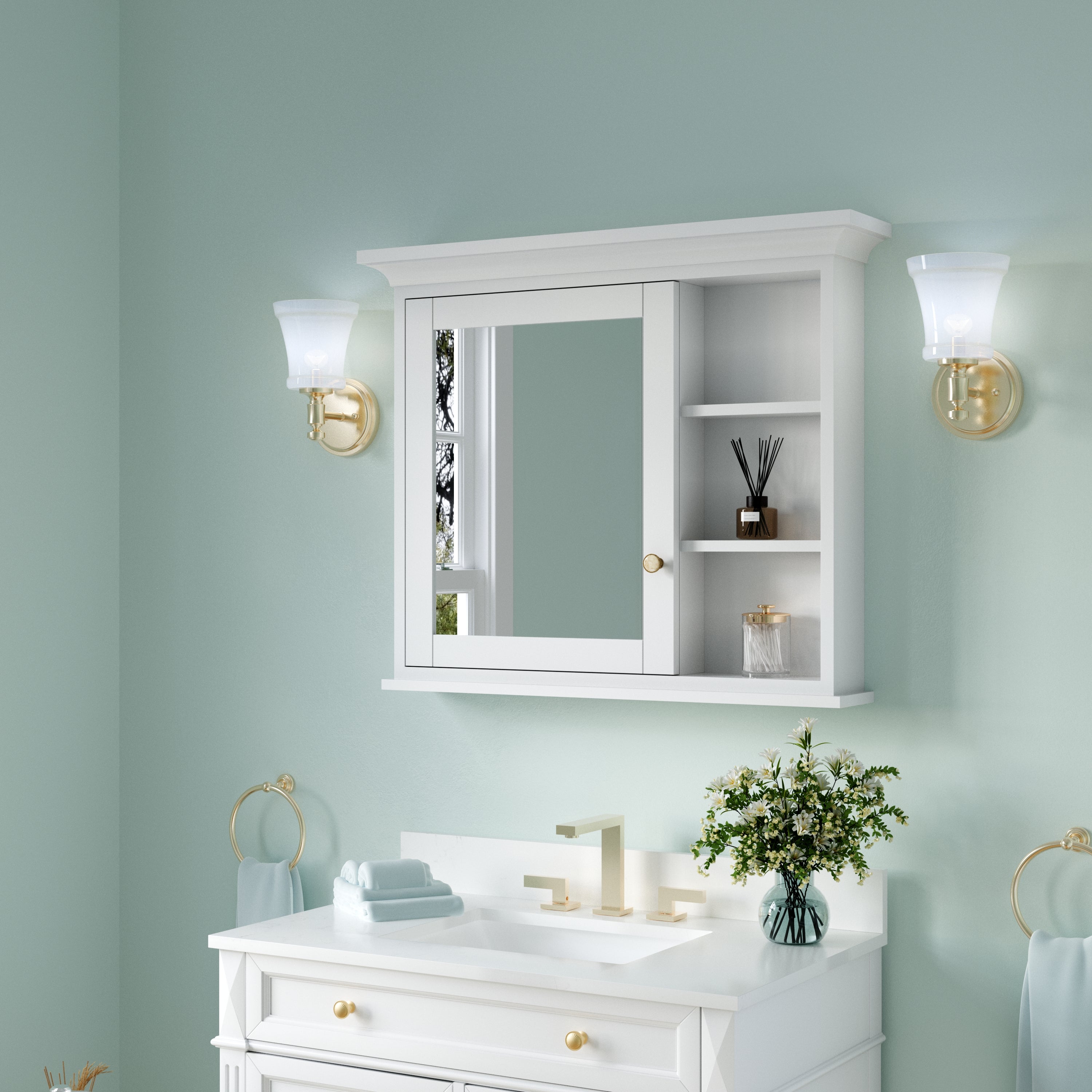 36 in.W x 30 in.H Surface-Mount Bathroom Medicine Cabinet with Mirror in White