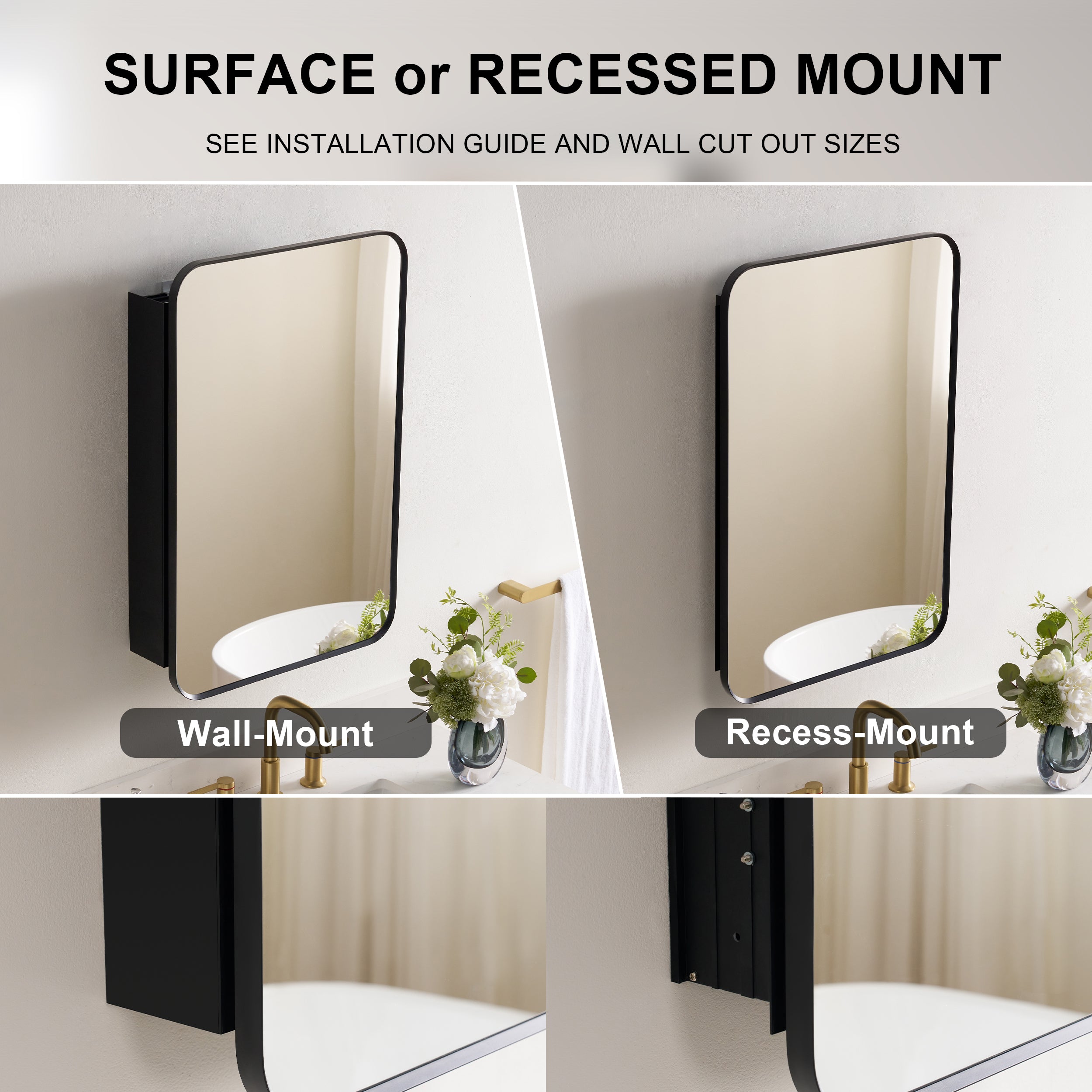 20 in. × 30 in. Black Aluminum Medicine Cabinet Recessed or Wall-Mount Reversible Door with Tempered Adjustable Glass Shelves