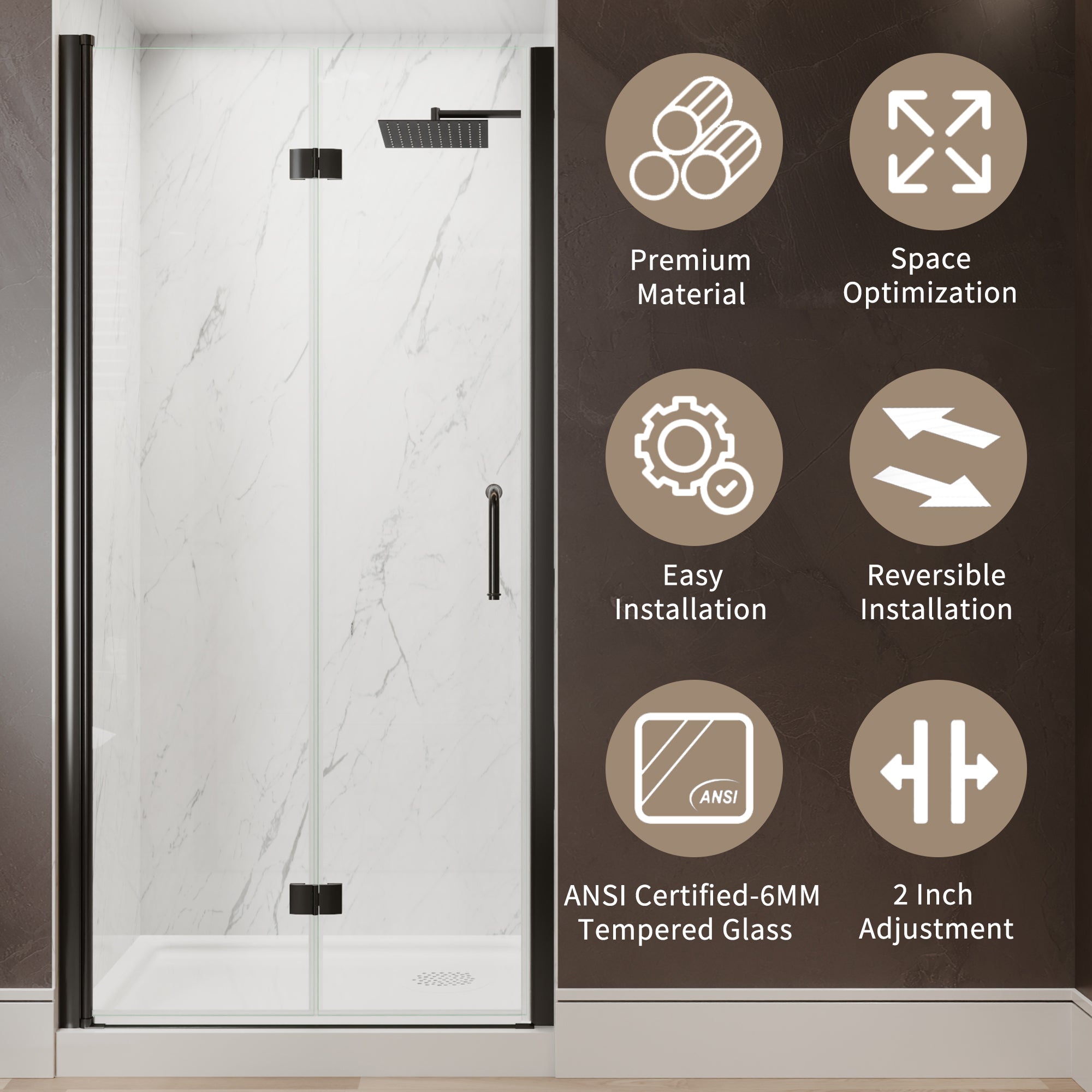 36-38 in. W x 72 in. H Modern Semi-Frameless 1/4 in. Tempered Glass Bifold Pivot Shower Door with Reversible Installation, Matte Black