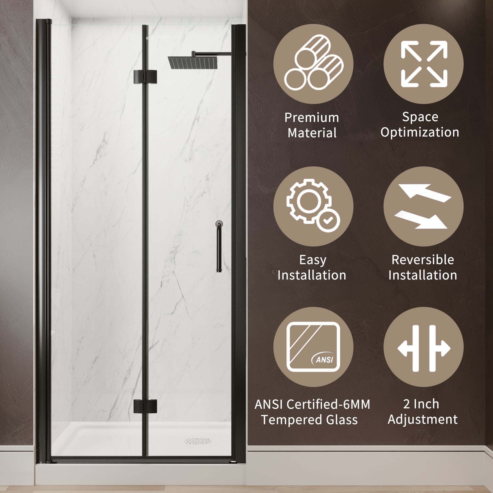 34-36 in. W x 72 in. H Modern Semi-Frameless 1/4 in. Tempered Glass Bifold Pivot Shower Door with Reversible Installation, Matte Black