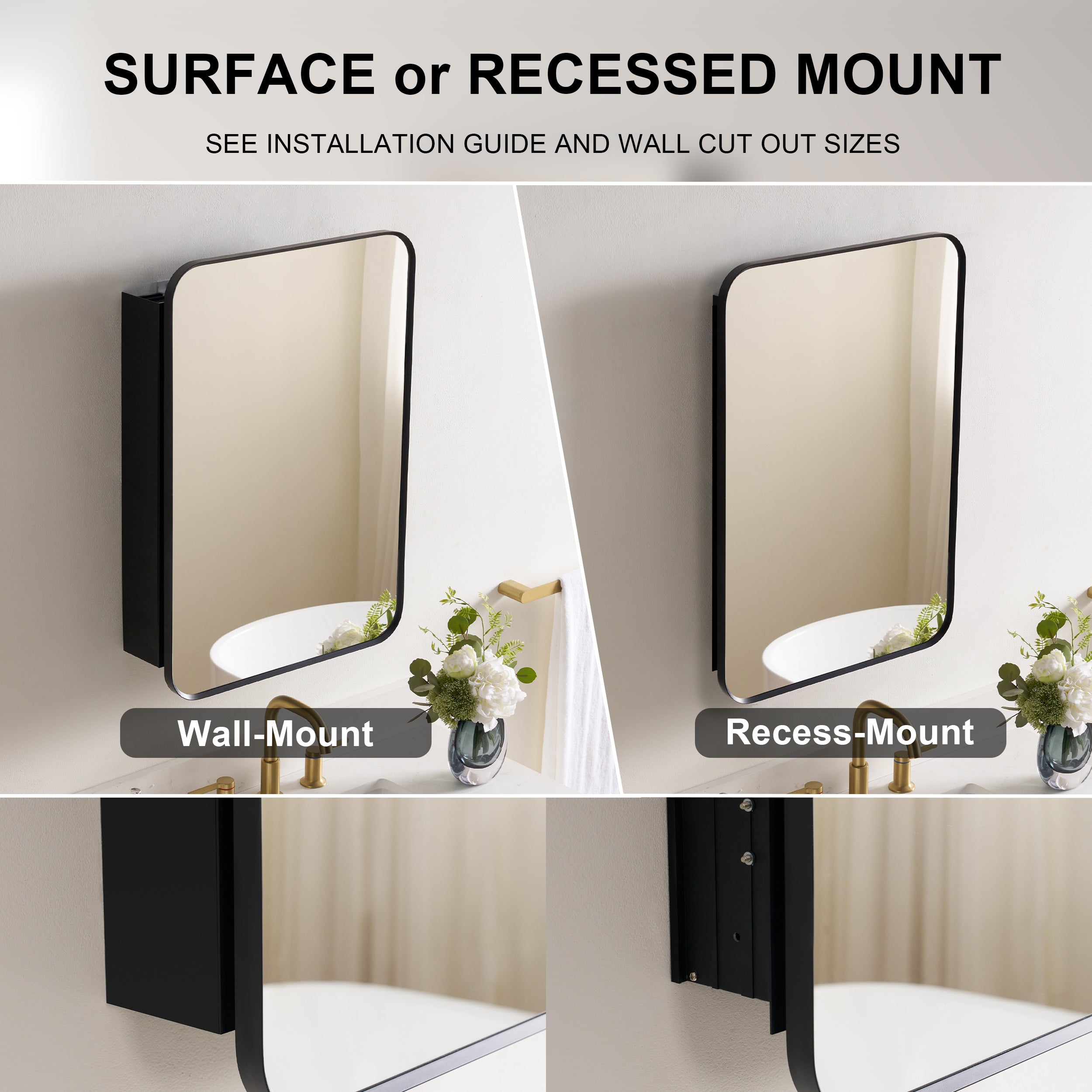24 in. × 32 in. Black Aluminum Framed Medicine Cabinet Tempered Glass Shelves Explosion Proof Recessed or Wall Mount