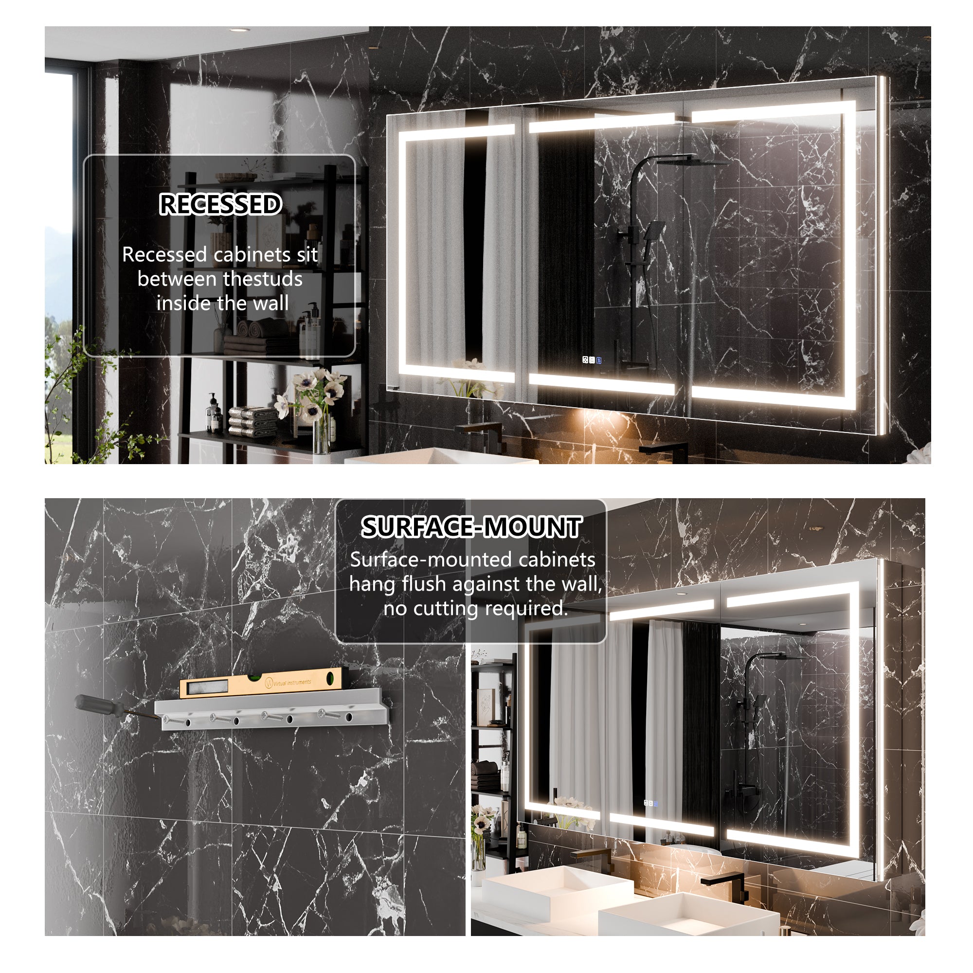 WELLFOR 60 in. x 36 in. Recessed/Surface Mount Right Medicine Cabinet with 5X Magnifier Mirror and Night Light