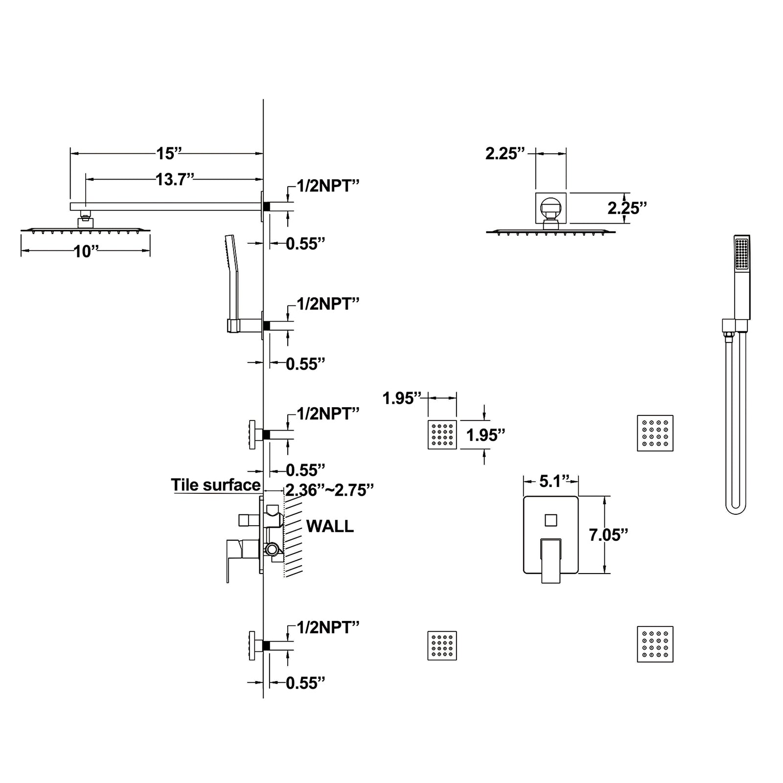 10 inch 3-Spray Patterns with 2.5 GPM Wall Mounting Dual Shower Heads in Matte Black with 4-Jets