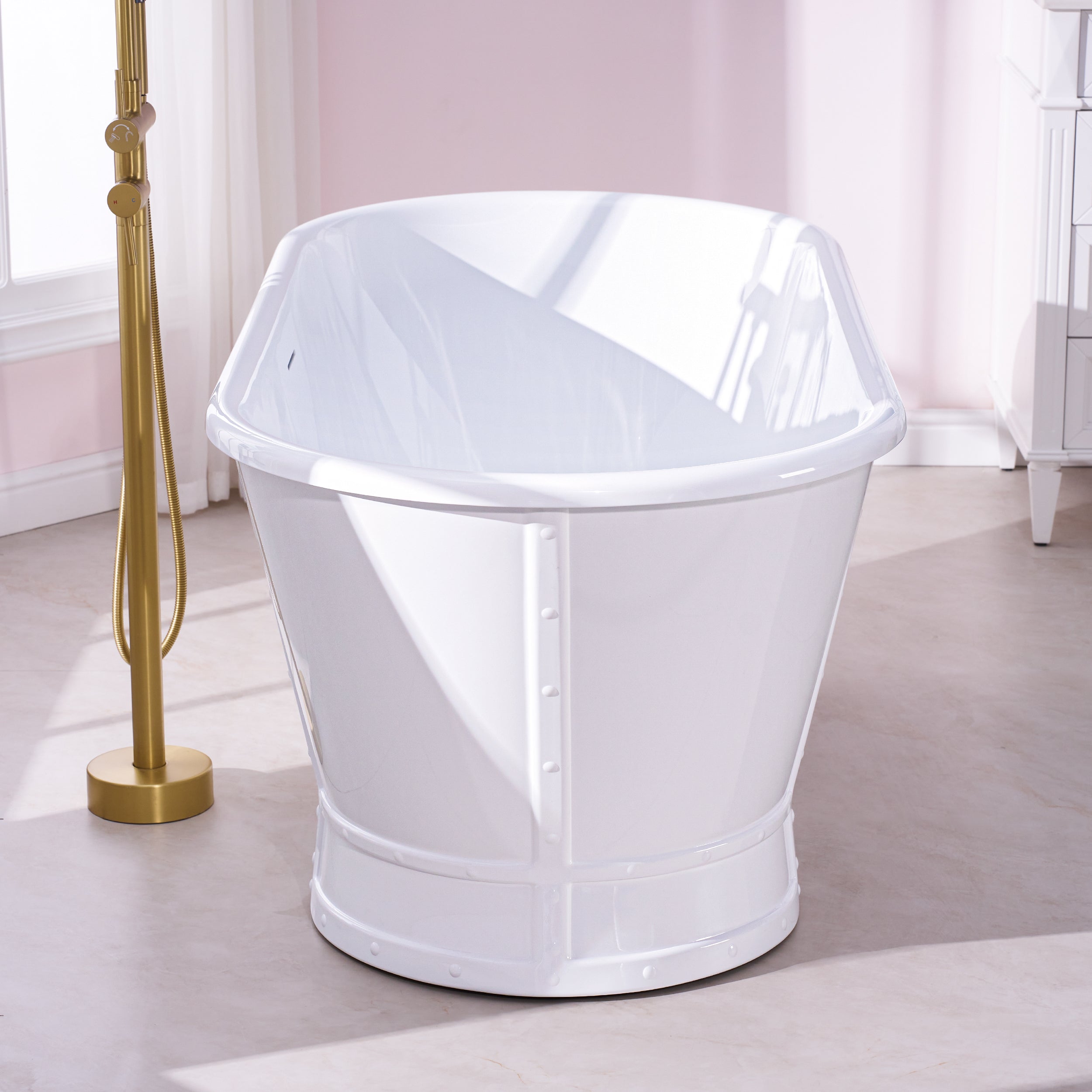 66" Freestanding Glossy White Acrylic Bathtub with Integrated Overflow