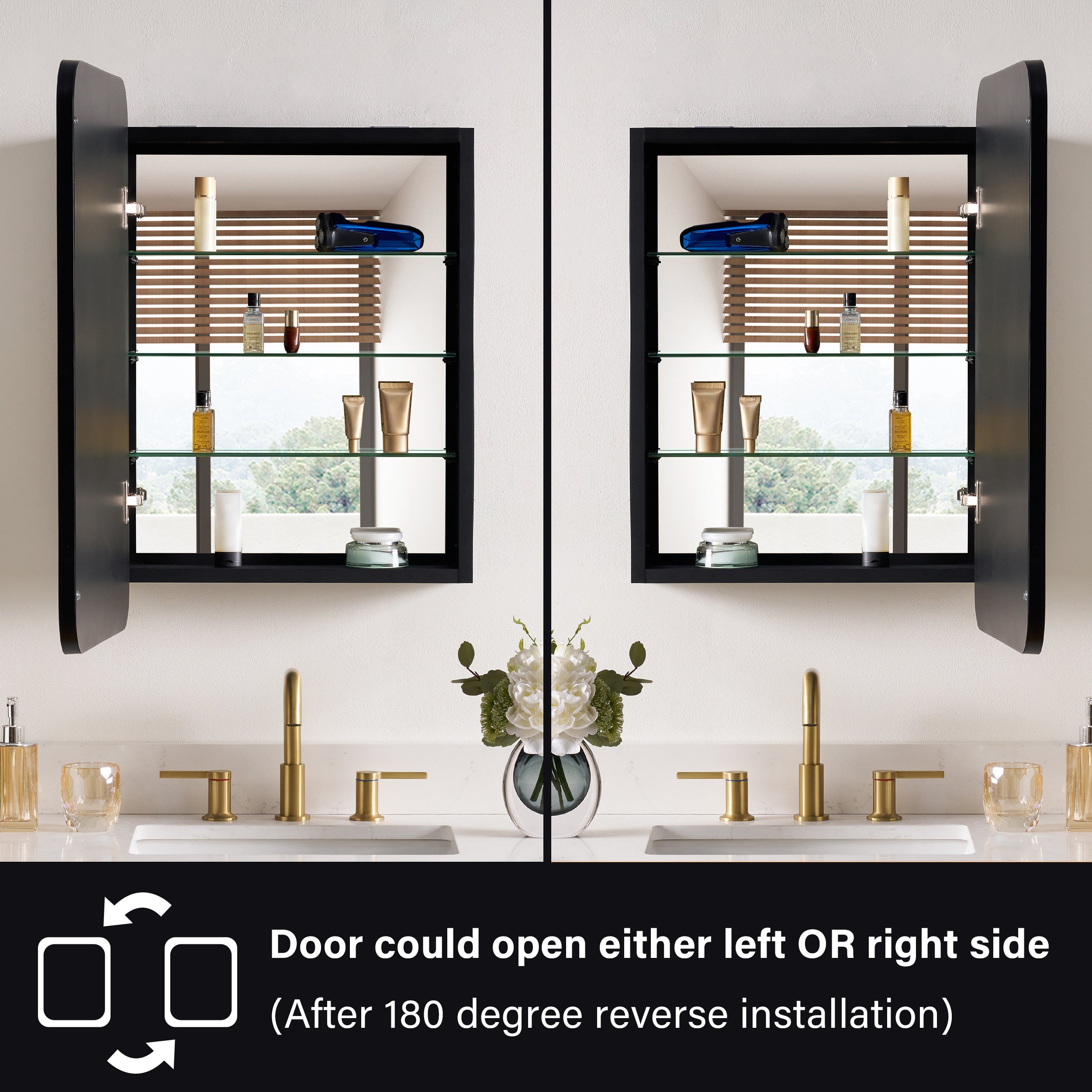 20 in. × 30 in. Black Aluminum Medicine Cabinet Recessed or Wall-Mount Reversible Door with Tempered Adjustable Glass Shelves