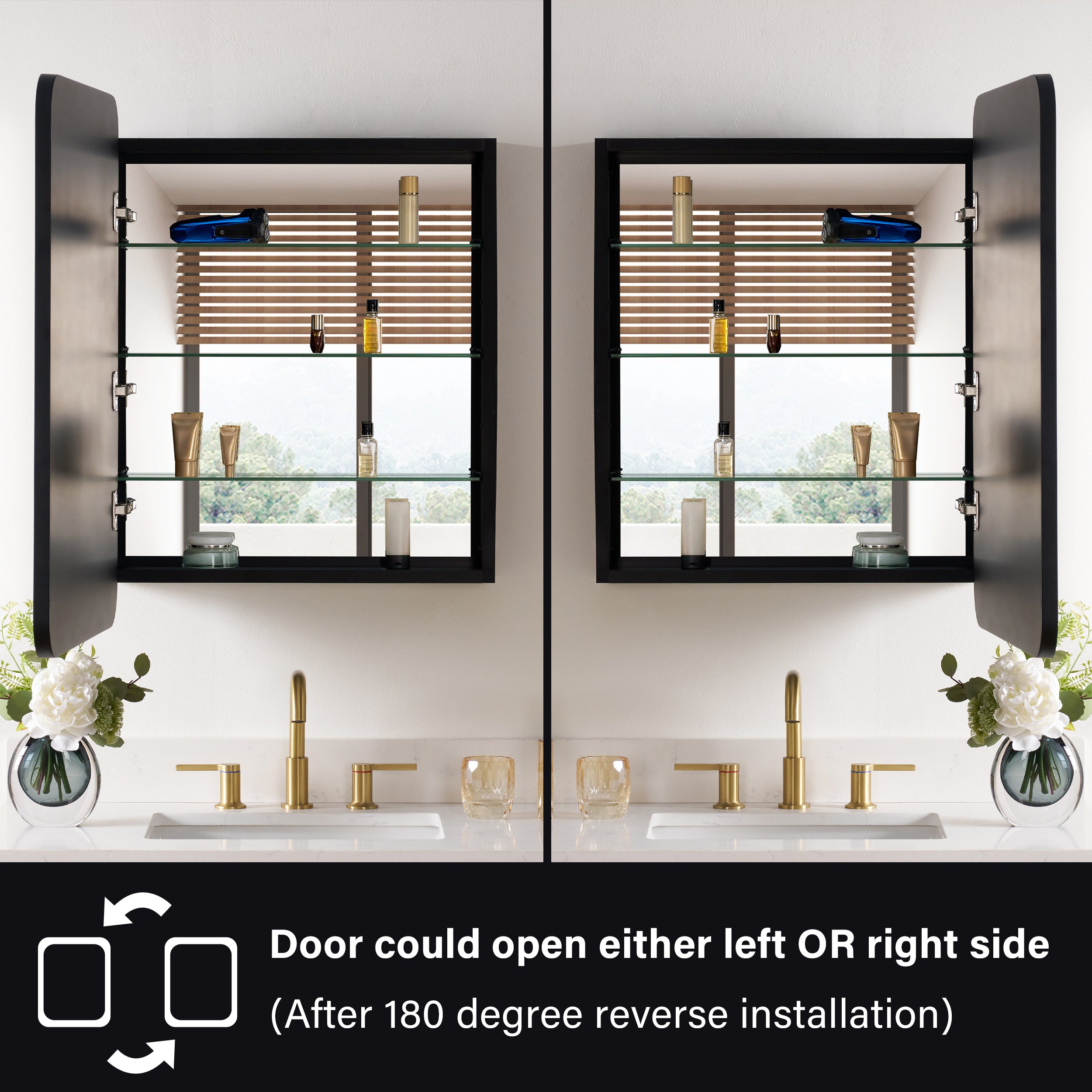 24 in. × 32 in. Black Aluminum Framed Medicine Cabinet Tempered Glass Shelves Explosion Proof Recessed or Wall Mount