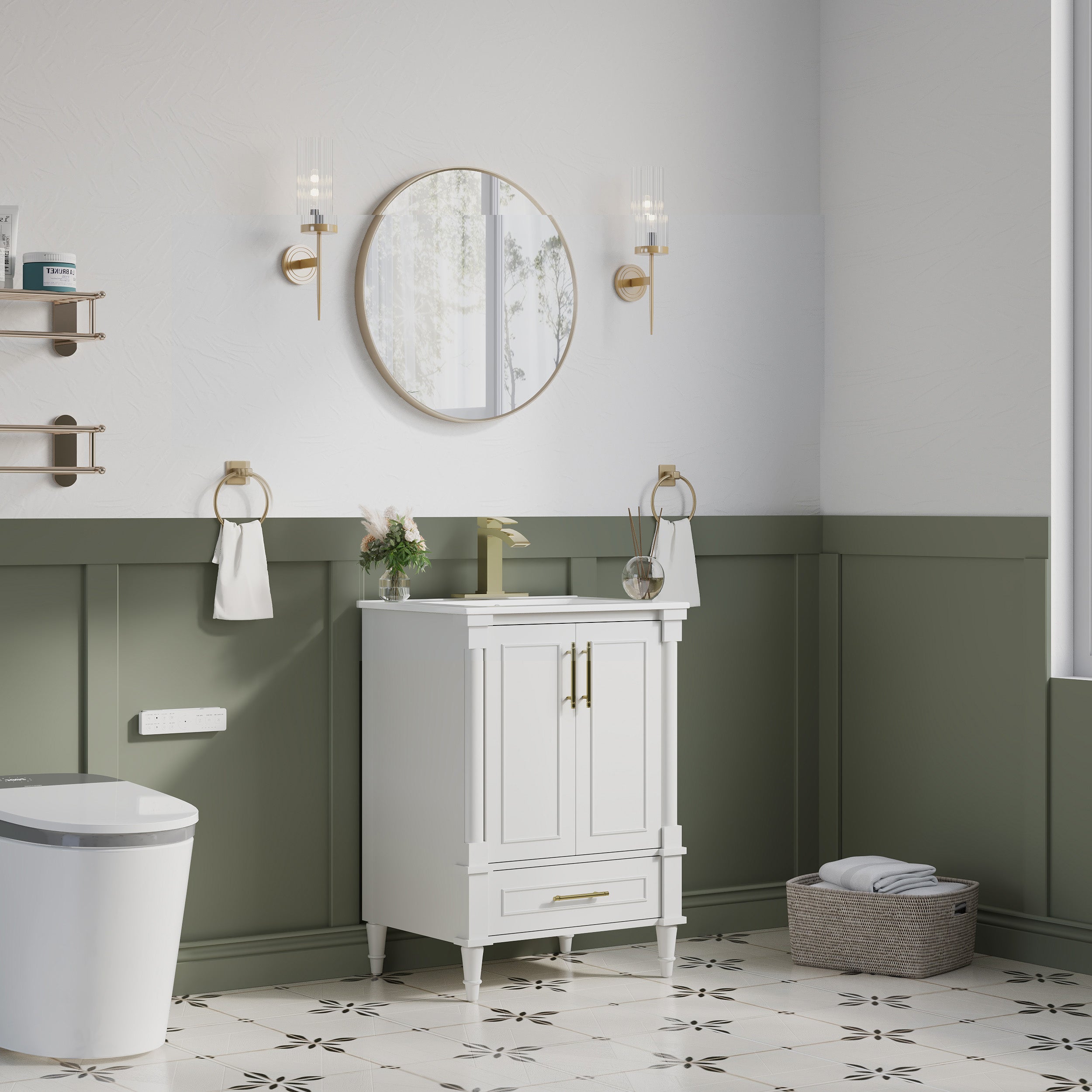 24 inch Bathroom Vanity with Single Sink, Solid Wooden Freestanding Bathroom Cabinet with Soft-Closing Doors