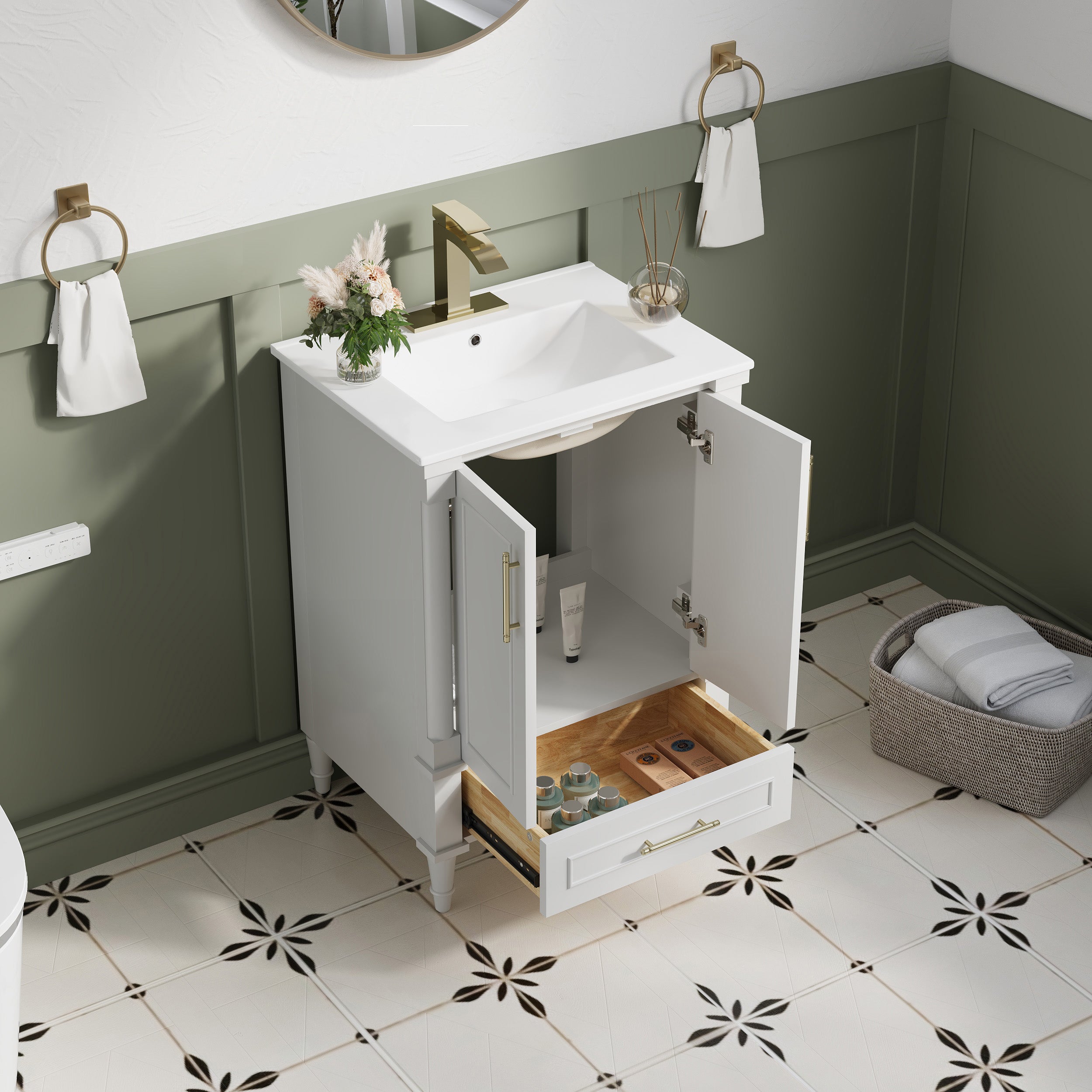 24 inch Bathroom Vanity with Single Sink, Solid Wooden Freestanding Bathroom Cabinet with Soft-Closing Doors