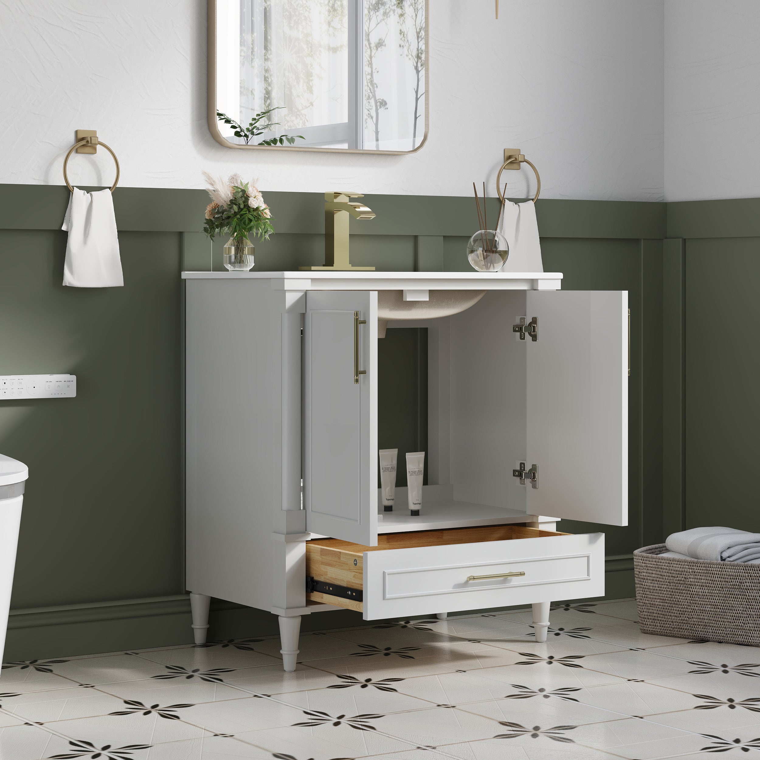 30 inch Bathroom Vanity with Single Sink, Solid Wooden Freestanding Bathroom Cabinet with Soft-Closing Doors
