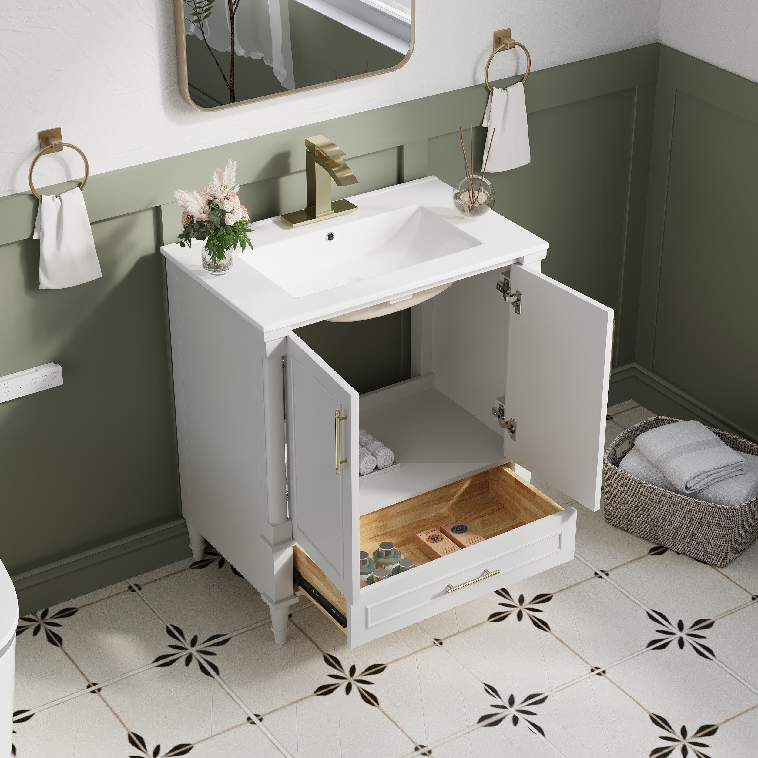 30 inch Bathroom Vanity with Single Sink, Solid Wooden Freestanding Bathroom Cabinet with Soft-Closing Doors