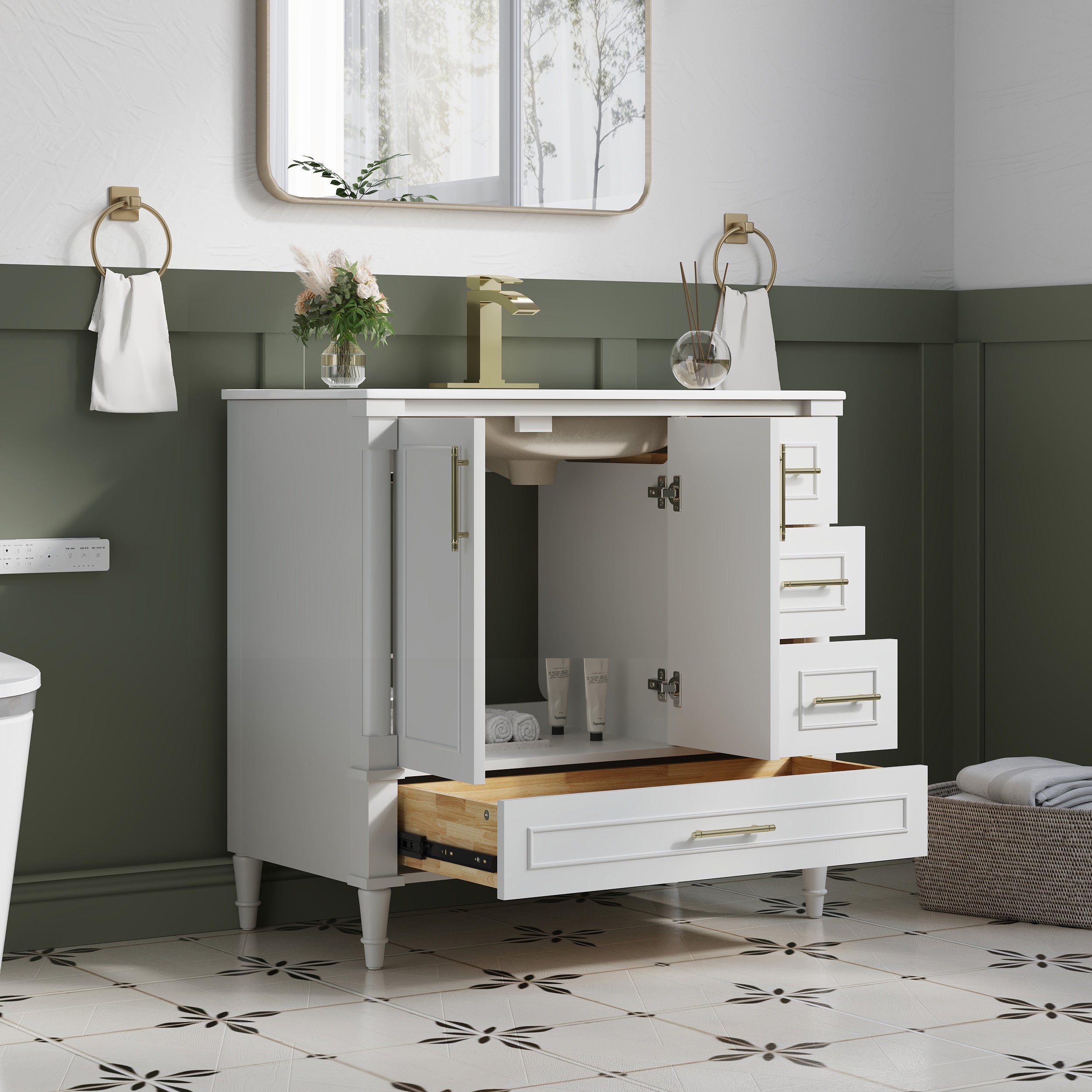 36 inch Bathroom Vanity with Single Sink, Solid Wooden Standing Bathroom Cabinet with Soft-Closing Doors