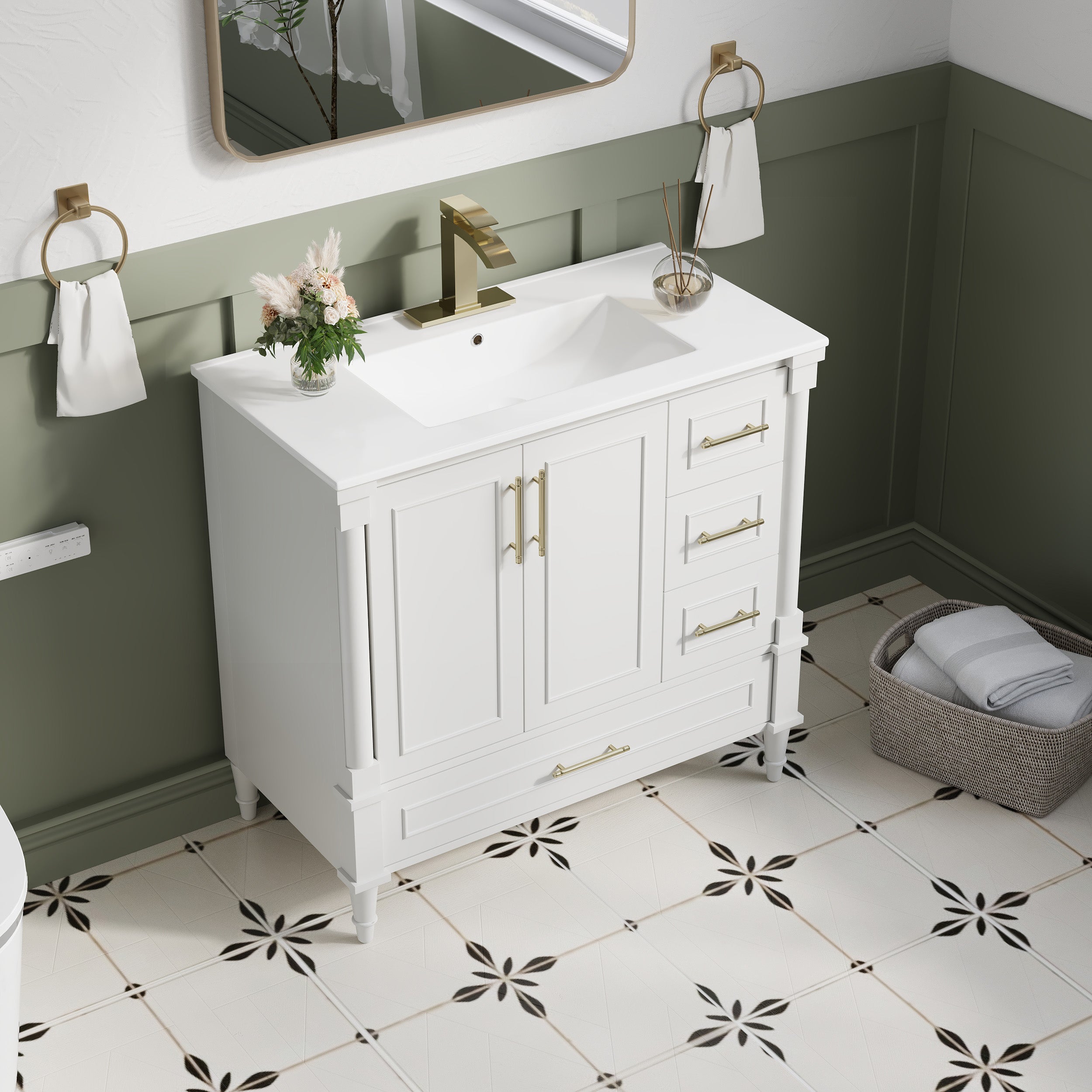 36 inch Bathroom Vanity with Single Sink, Solid Wooden Standing Bathroom Cabinet with Soft-Closing Doors