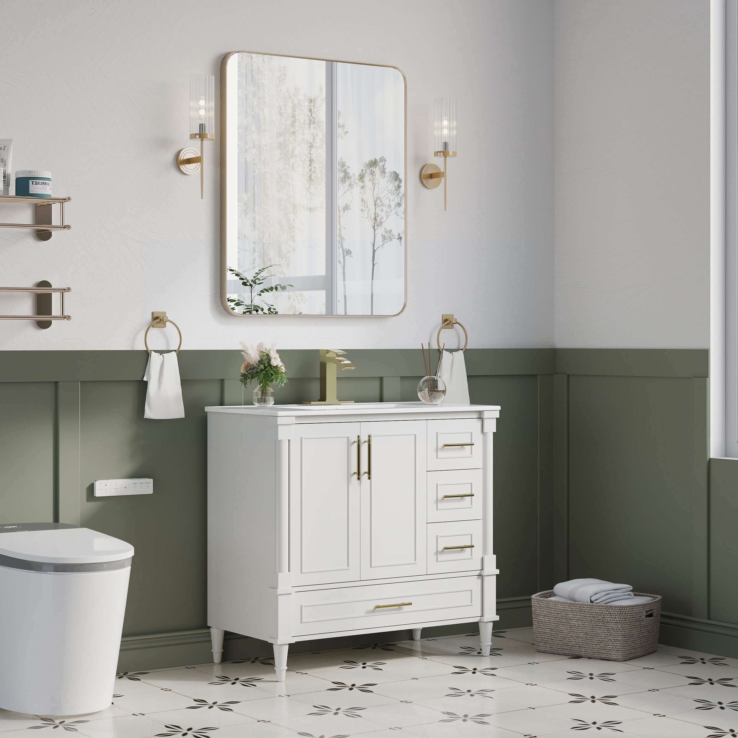 36 inch Bathroom Vanity with Single Sink, Solid Wooden Standing Bathroom Cabinet with Soft-Closing Doors