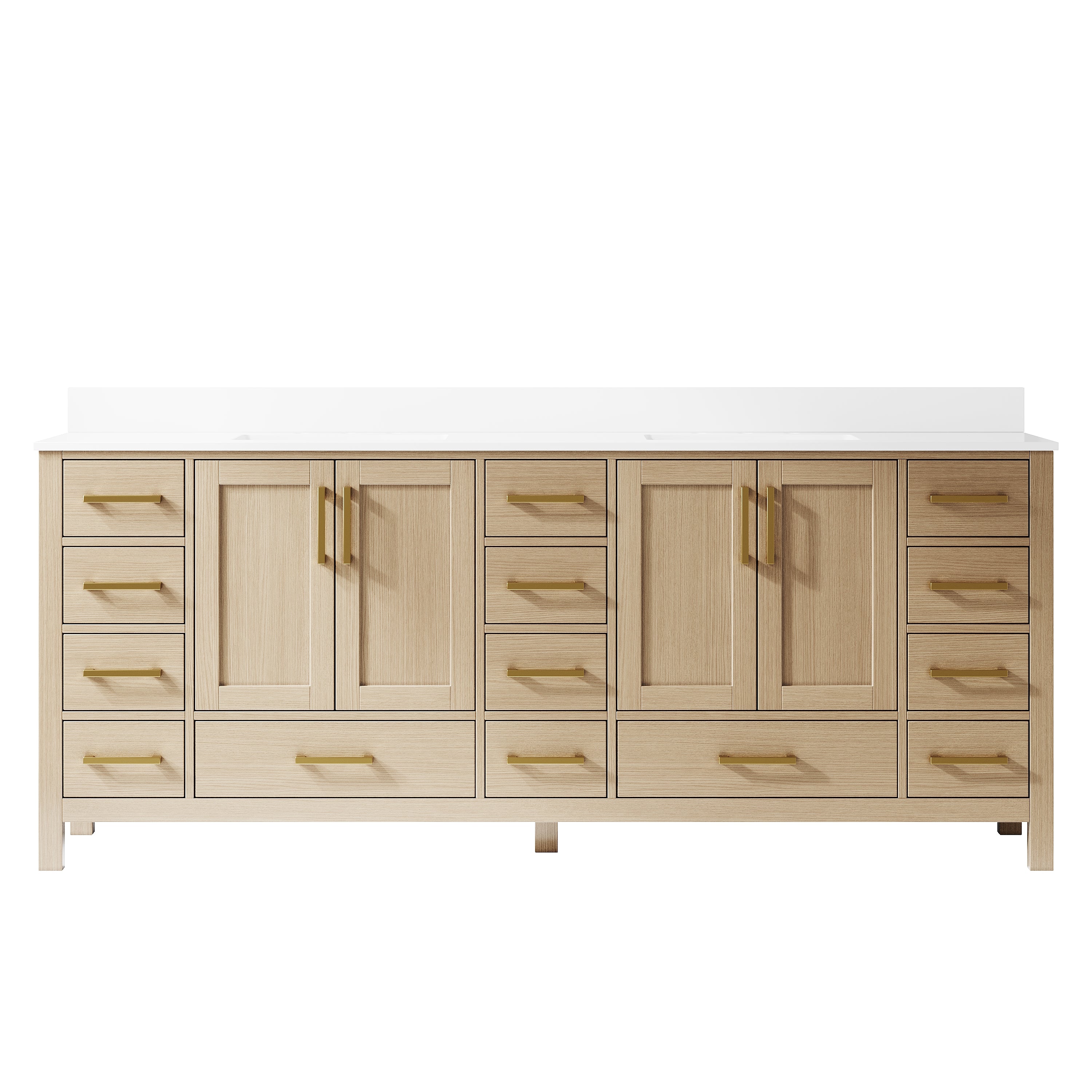 84 Inch Freestanding Solid Wood Bathroom Vanity with Carrara Cultured Marble Top, 4 Soft-Close Doors & 14 Dovetail Drawers, OAK