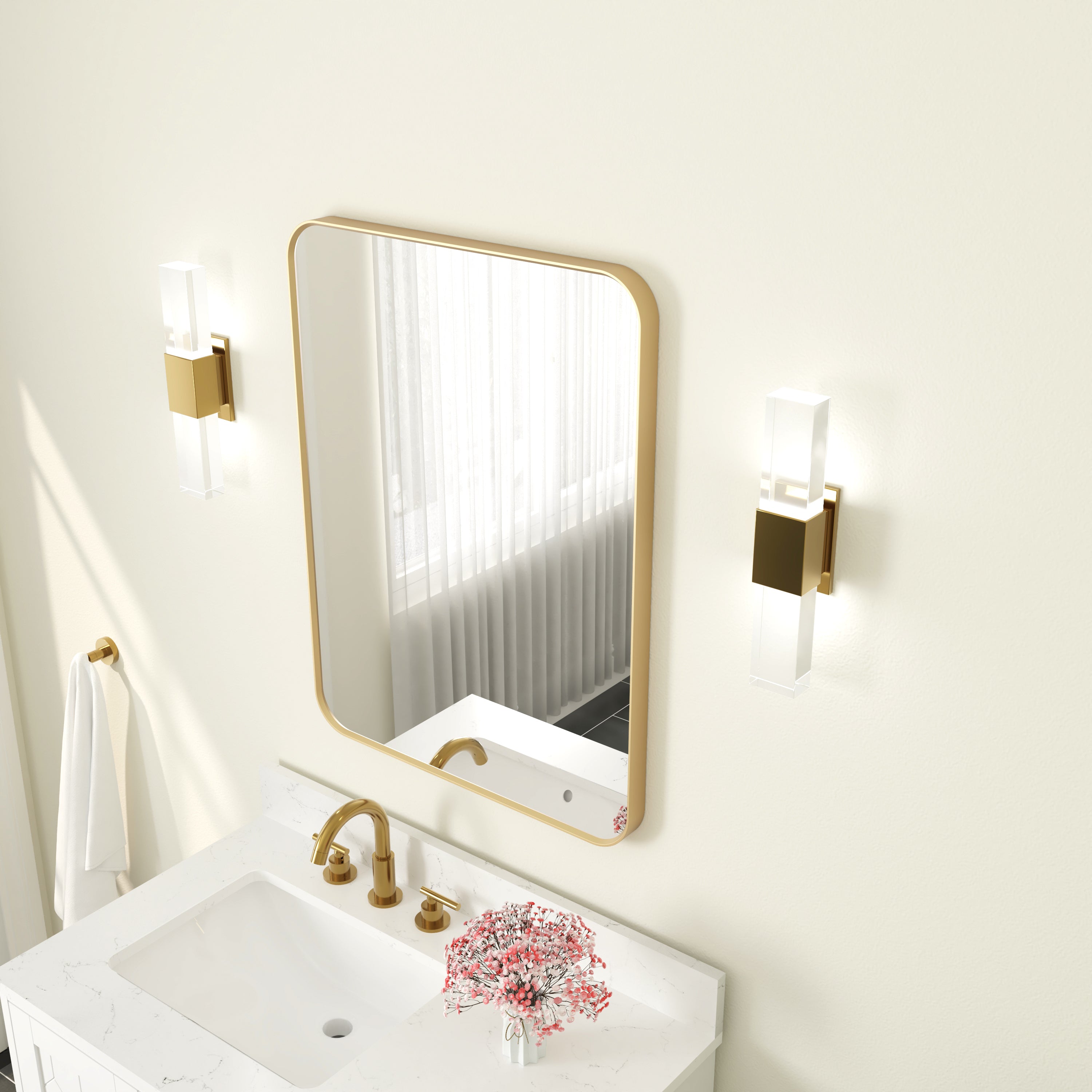 24-in W x 32-in H Rectangular Framed Bathroom Vanity Mirror in Brushed Gold