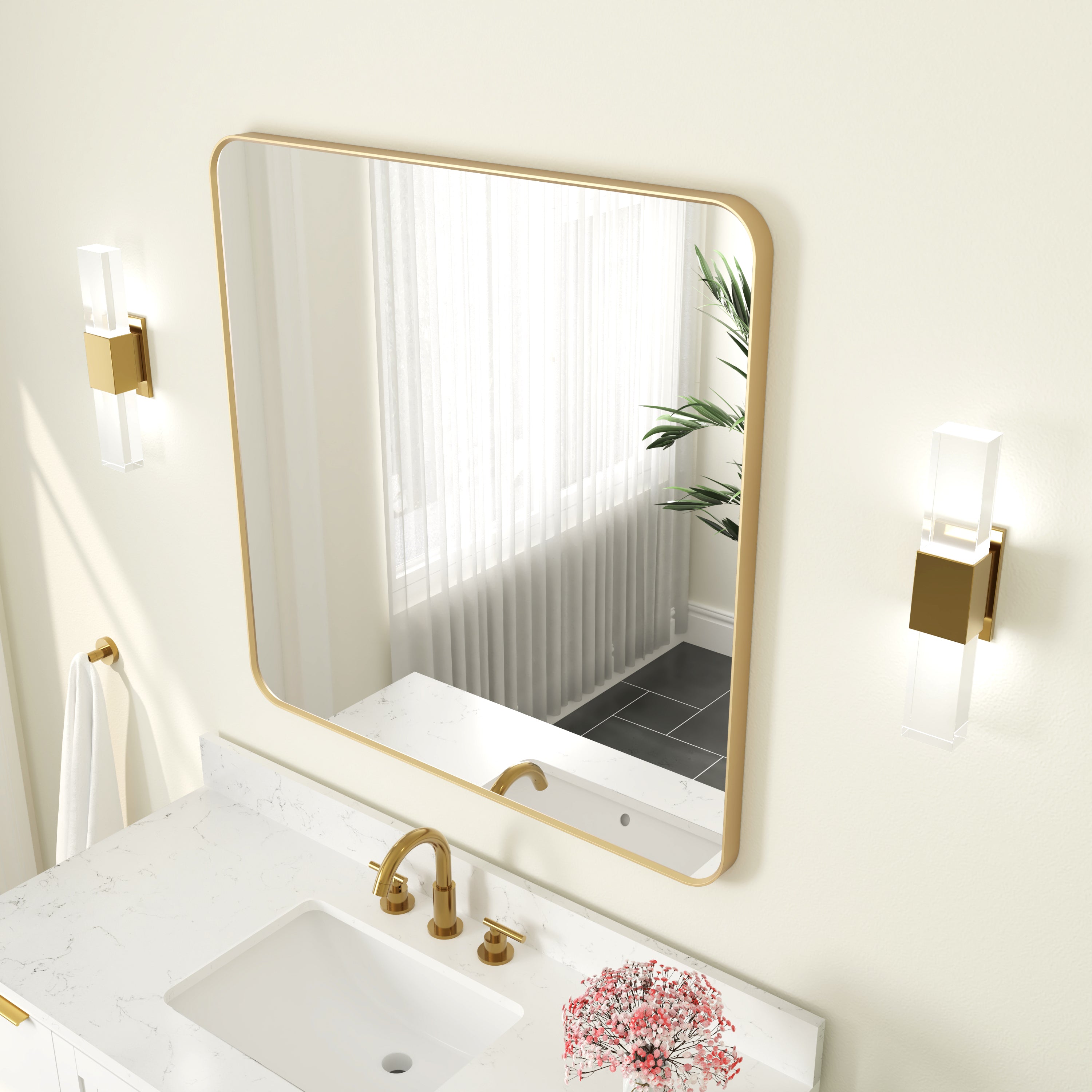36-in W x 36-in H Rectangular Framed Bathroom Vanity Mirror in Brushed Gold