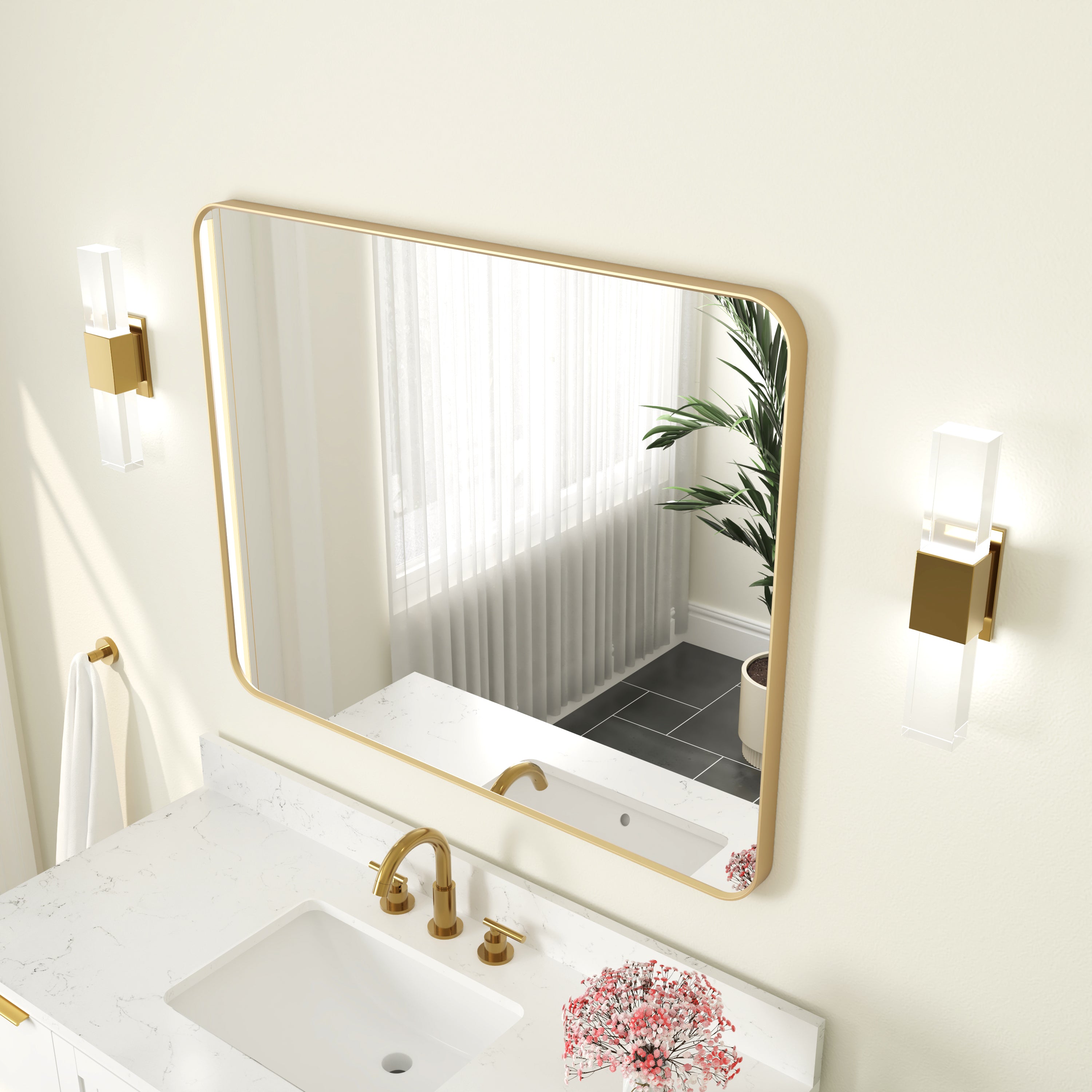 40-in W x 32-in H Rectangular Framed Bathroom Vanity Mirror in Brushed Gold