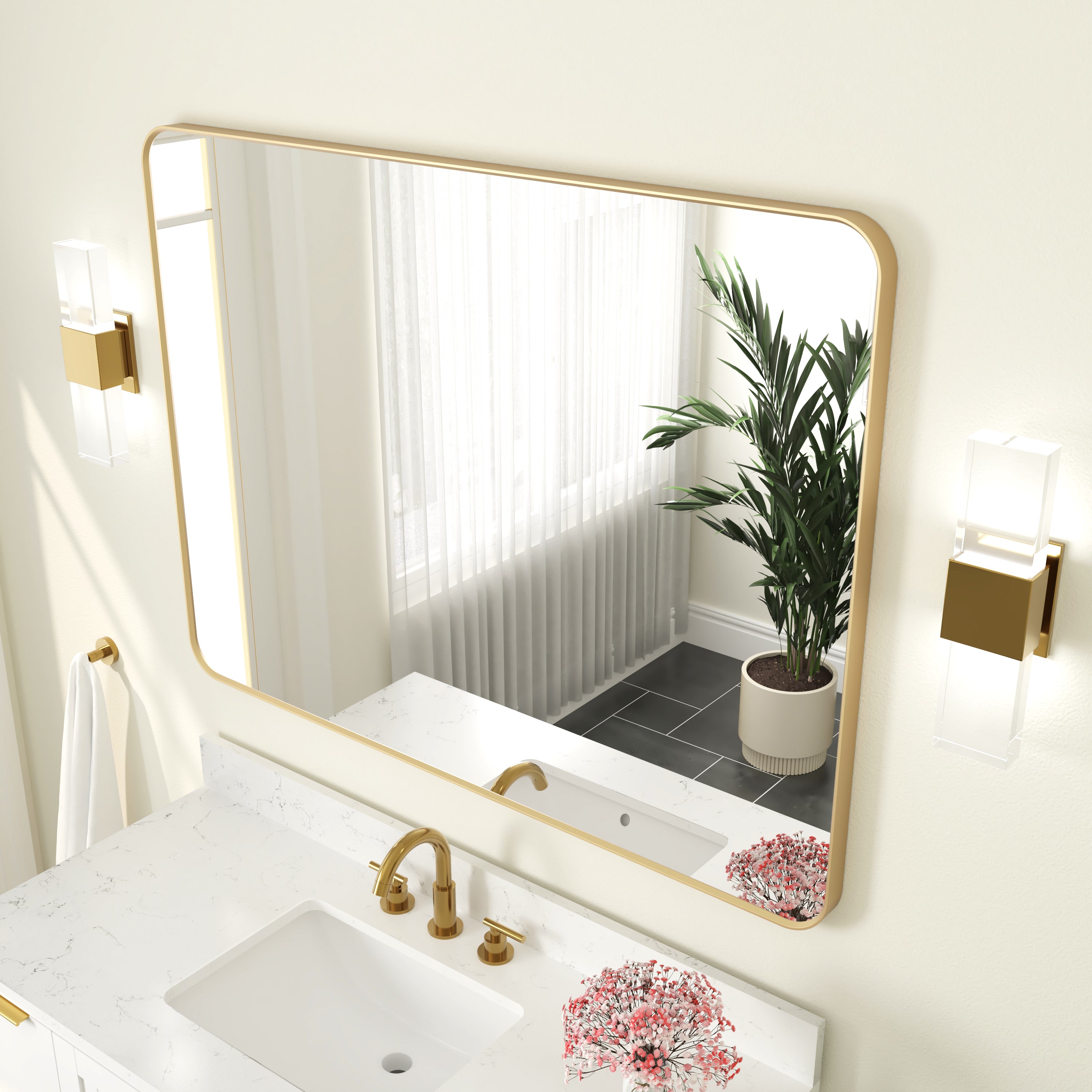 48-in W x 36-in H Brushed Gold Rectangular Framed Bathroom Vanity Mirror