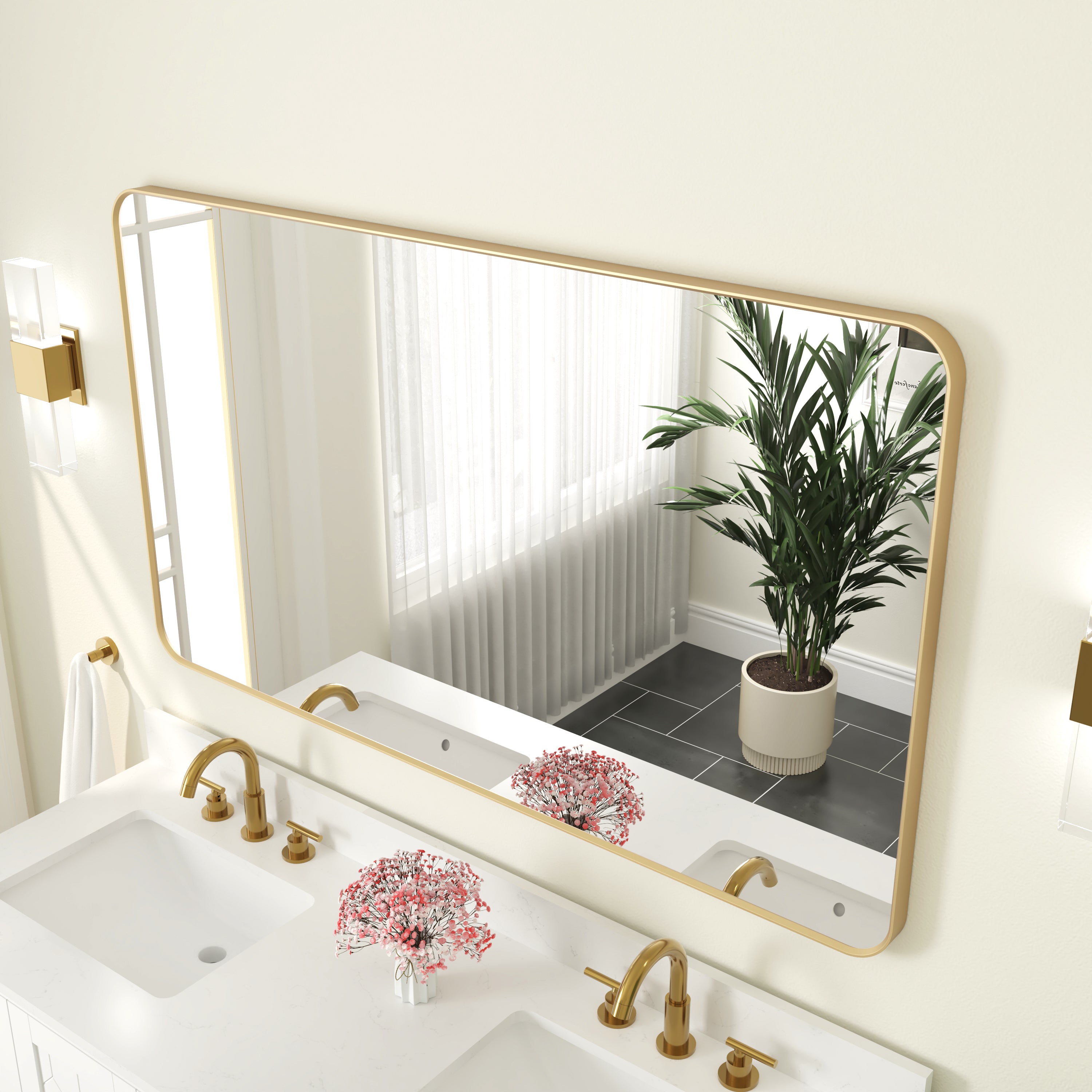 55-in W x 32-in H Brushed Gold Rectangular Framed Bathroom Vanity Mirror