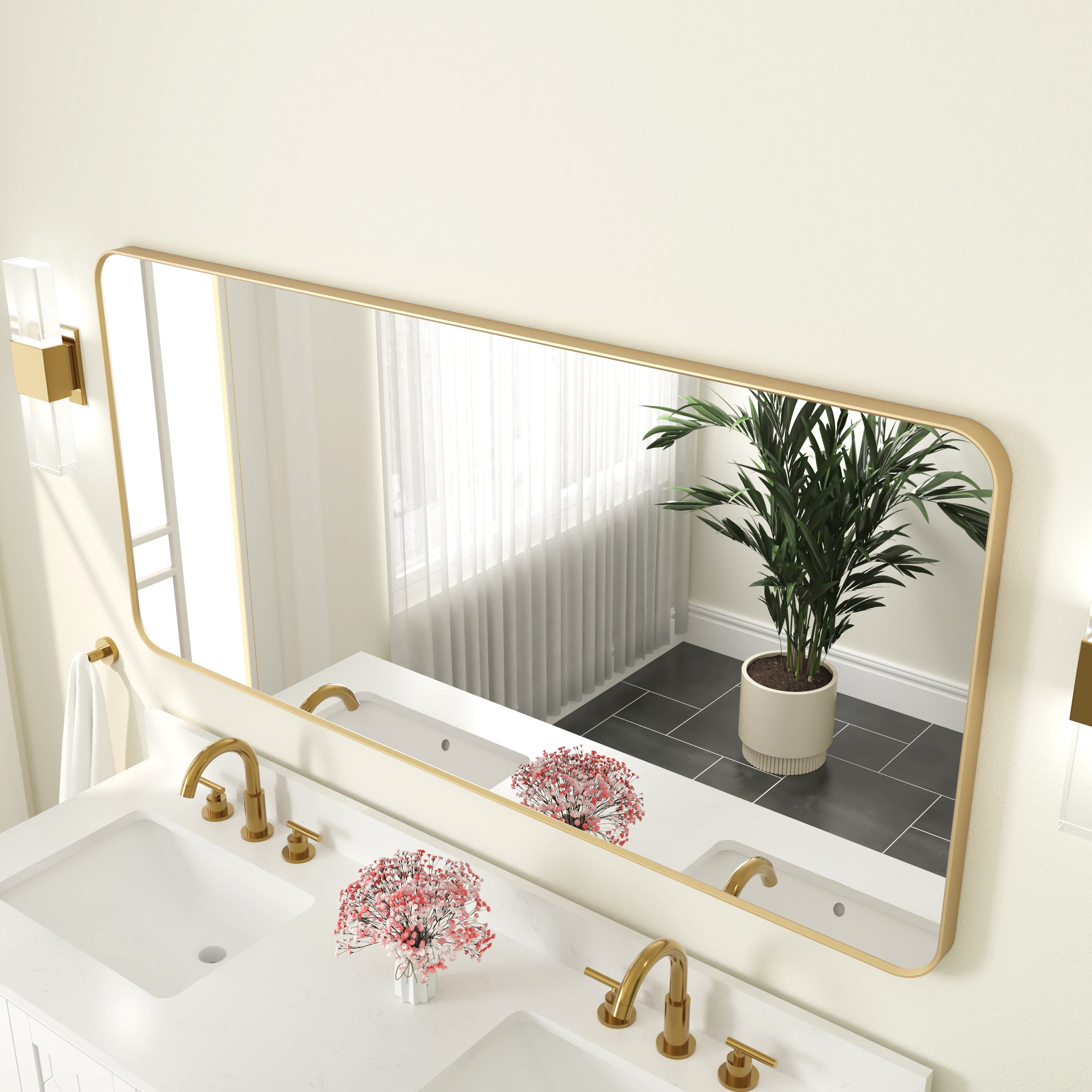 60-in W x 28-in H Brushed Gold Rectangular Framed Bathroom Vanity Mirror