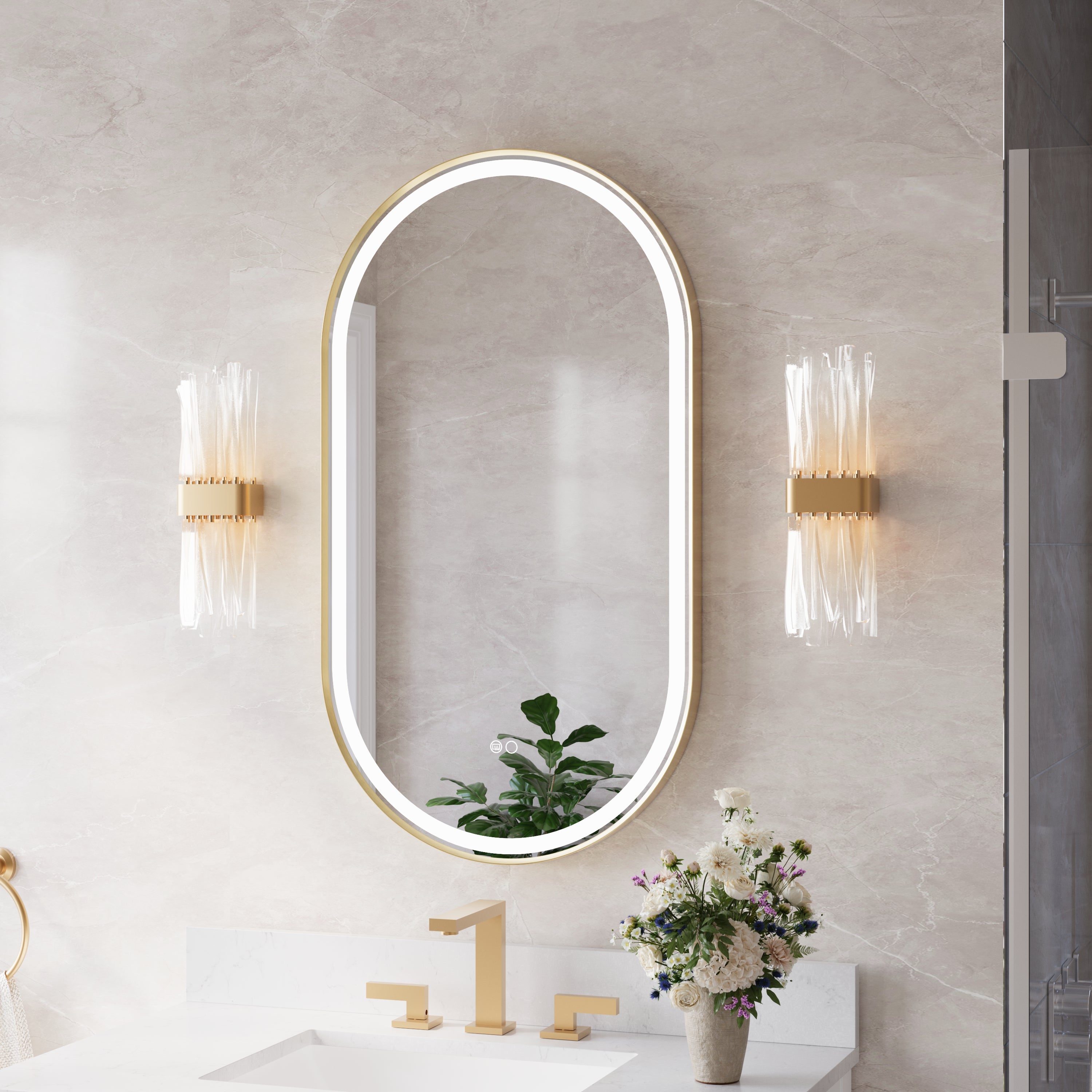 20 in. W x 36 in. H Oval LED Framed Mirror, Anti-Fog, Dimmable in Brushed Gold