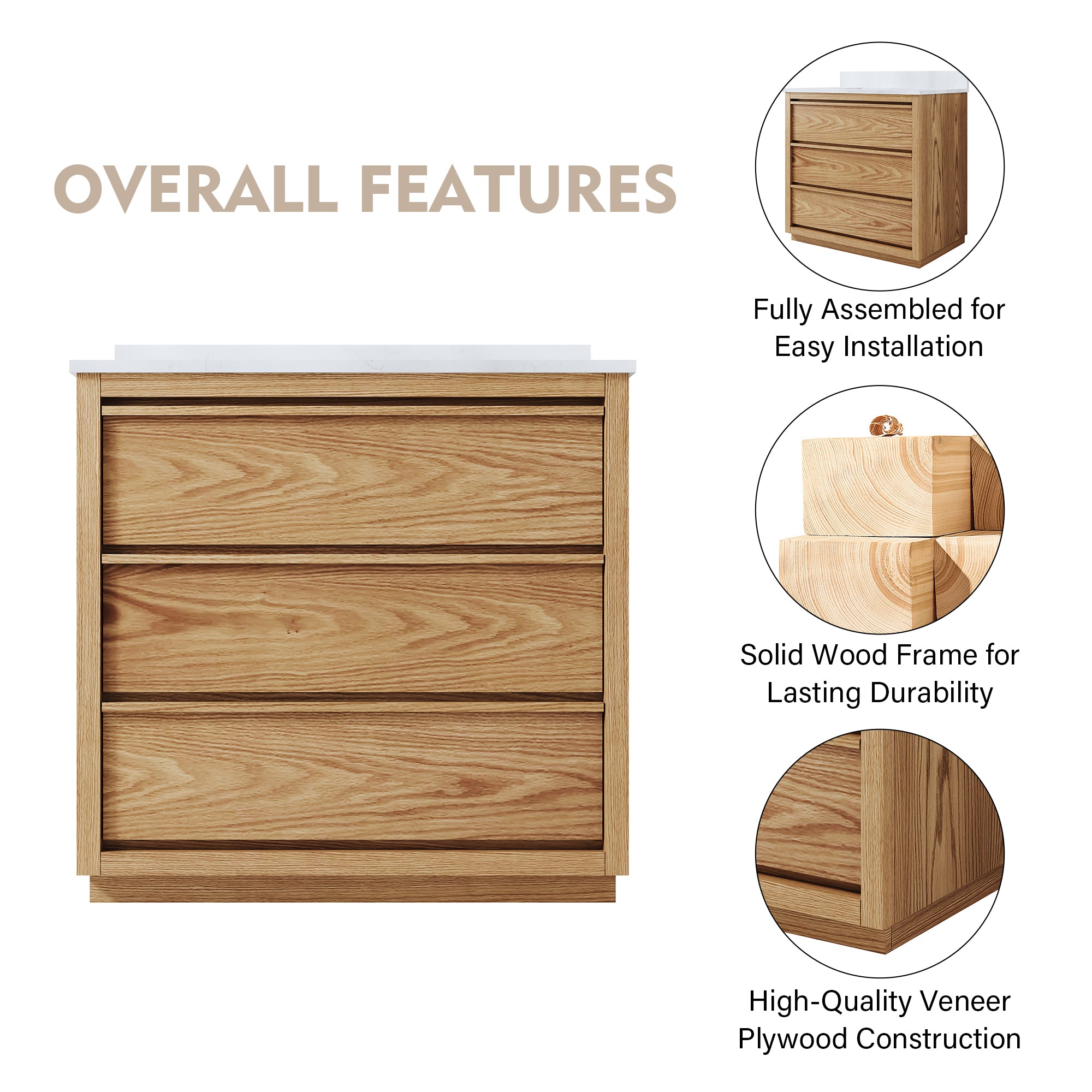 36 Inch Oak Soild Wood Bathroom Vanity with Single Undermount Sink, 3 Dovetail-constructed Drawers