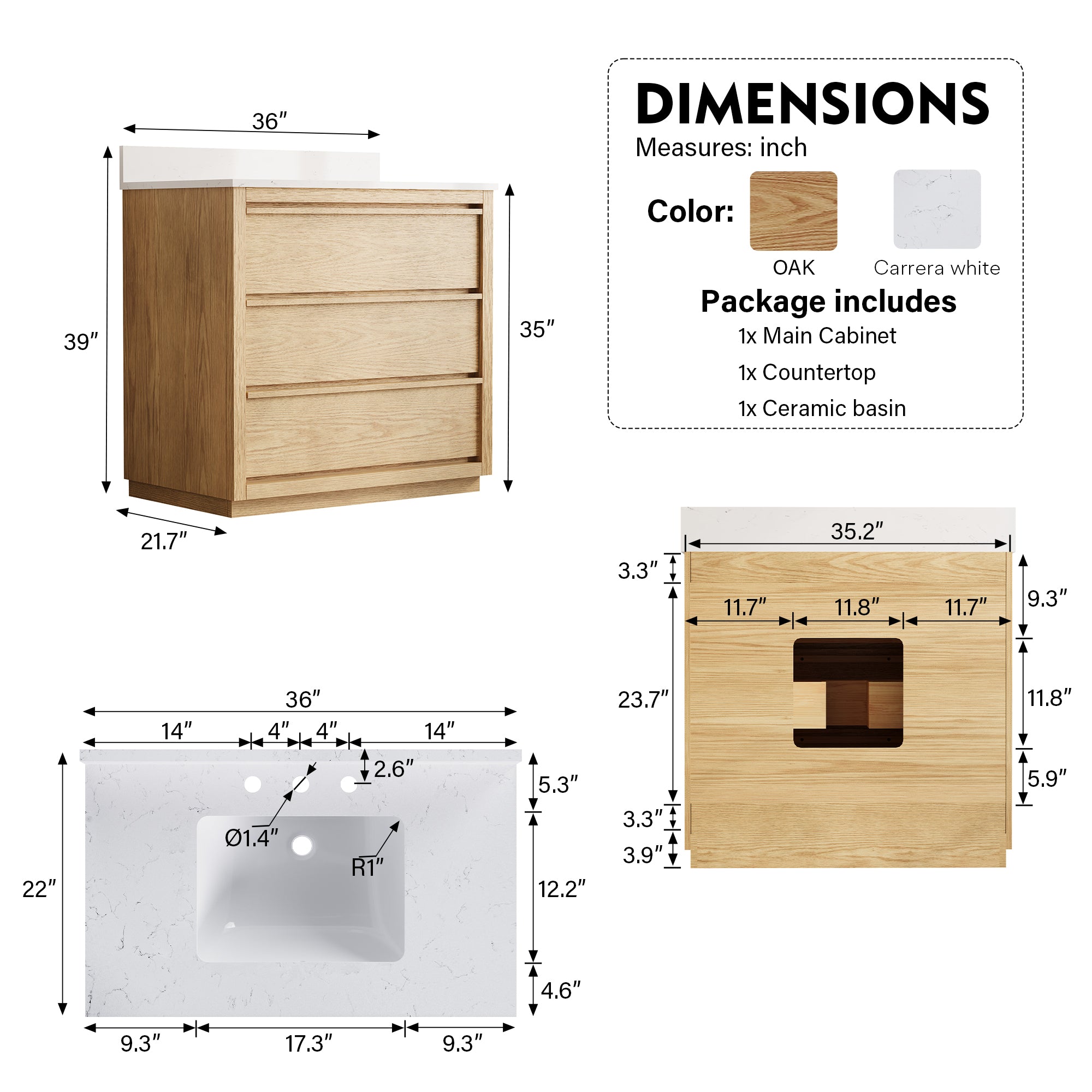 36 Inch Oak Soild Wood Bathroom Vanity with Single Undermount Sink, 3 Dovetail-constructed Drawers