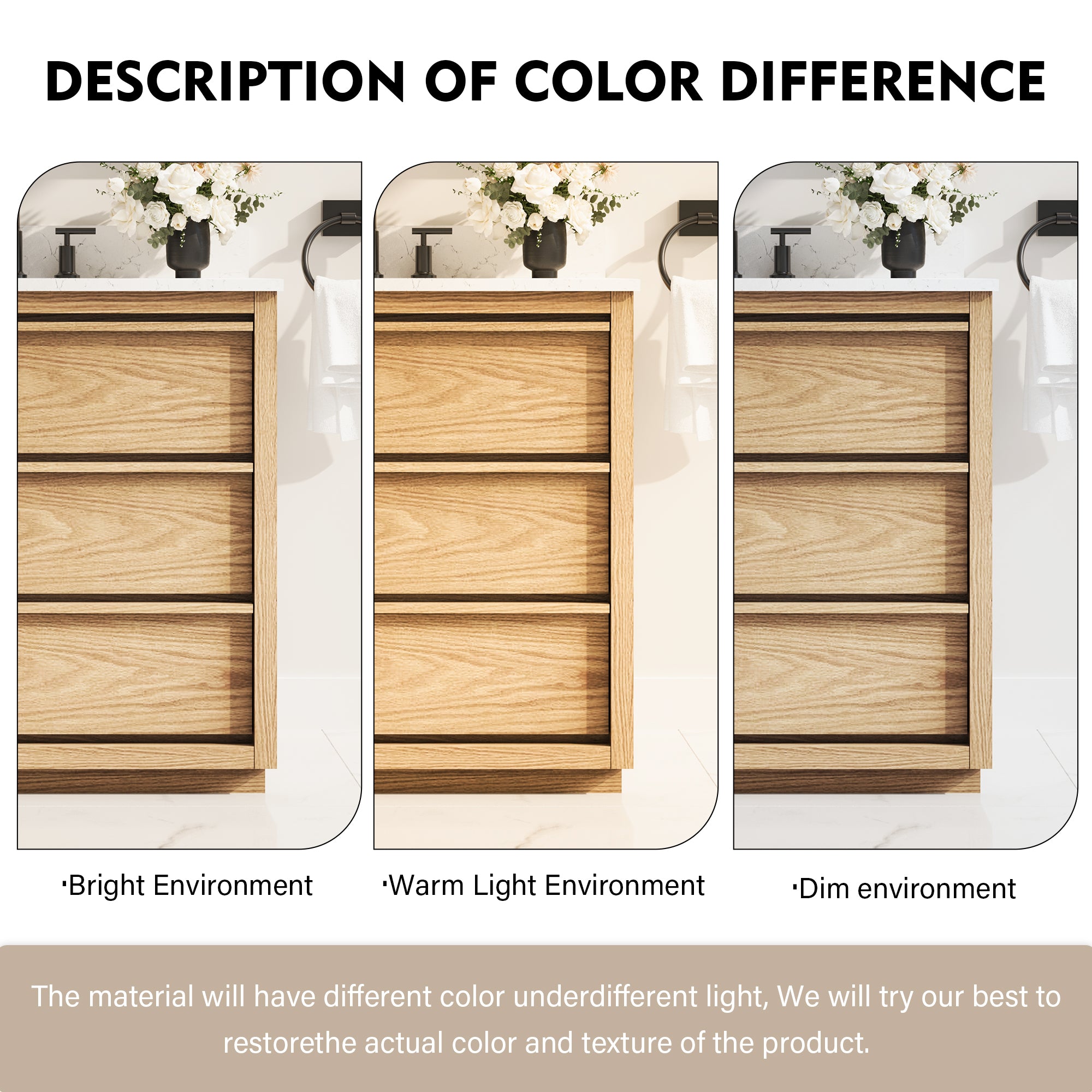 36 Inch Oak Soild Wood Bathroom Vanity with Single Undermount Sink, 3 Dovetail-constructed Drawers