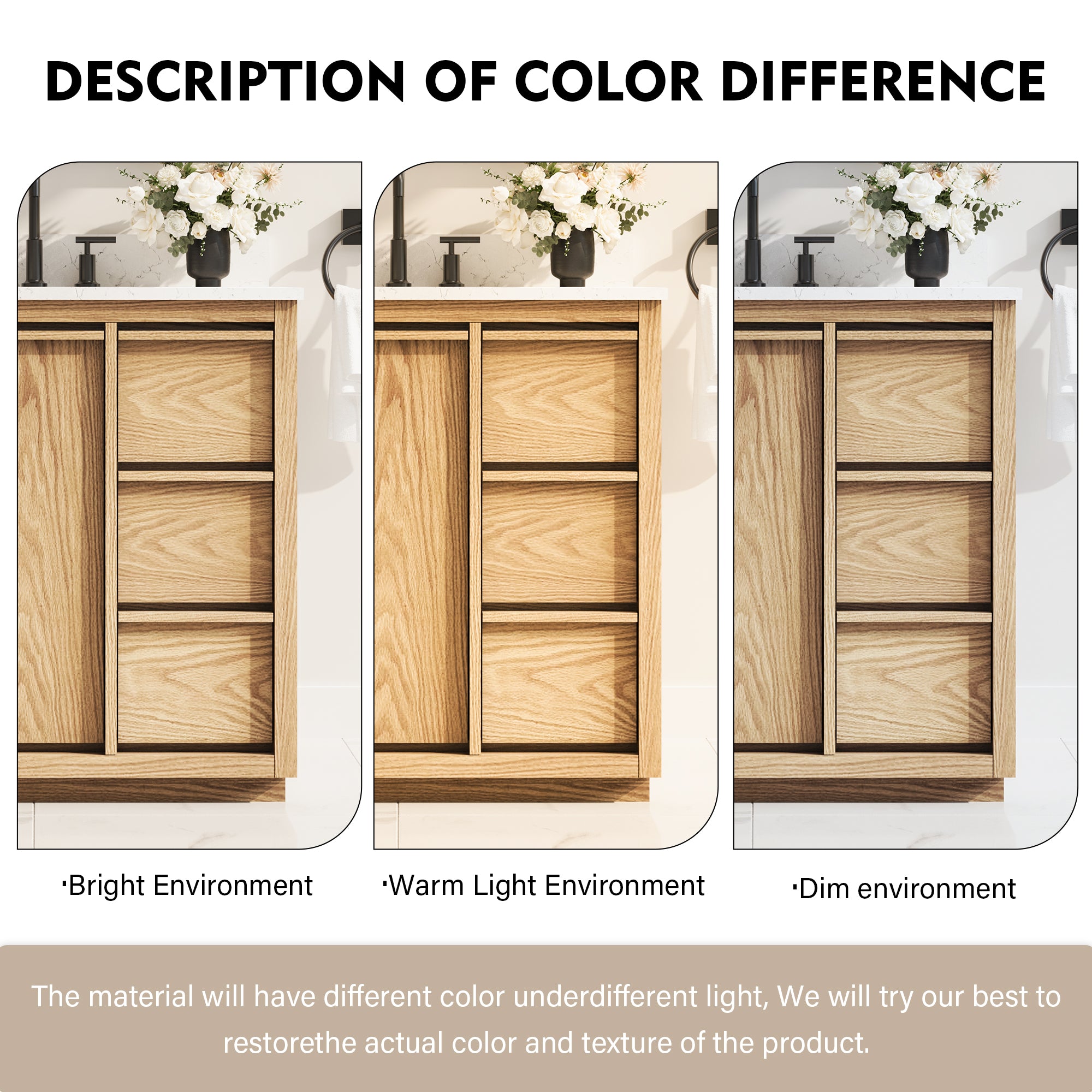 36 Inch Oak Soild Wood Bathroom Vanity with Sink, 3 Dovetail-constructed Drawers and 2 Soft-close Doors