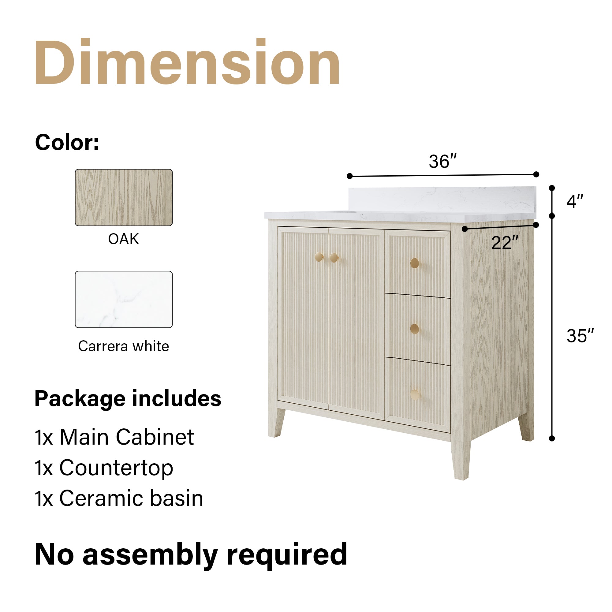 36" ASH Bathroom Vanity with Single Undermount Sink, 3 Dovetail-constructed Drawers, 2 Soft-Closing Doors