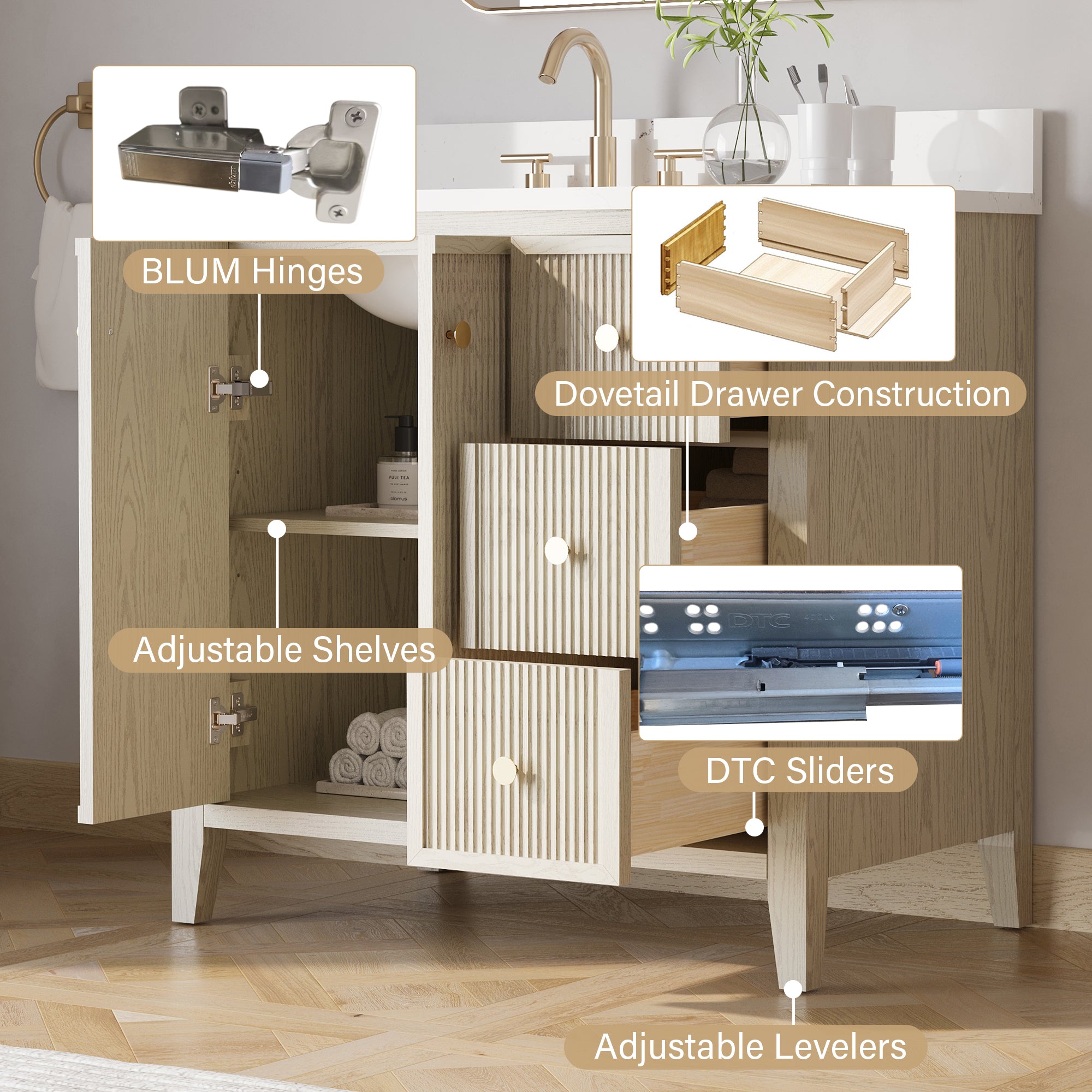 36" ASH Bathroom Vanity with Single Undermount Sink, 3 Dovetail-constructed Drawers, 2 Soft-Closing Doors
