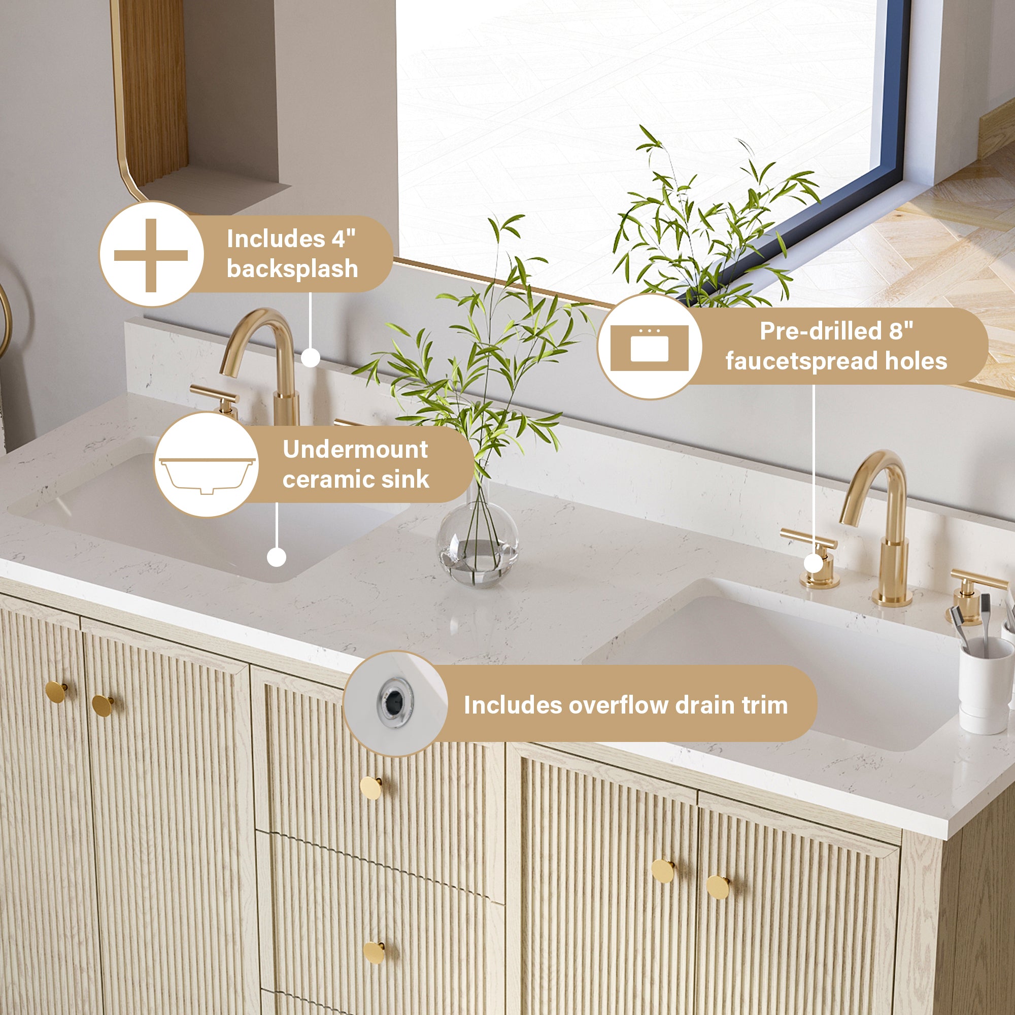 60" ASH Bathroom Vanity with Double Undermount Sinks, 3 Dovetail-constructed Drawers, 4 Soft-Closing Doors