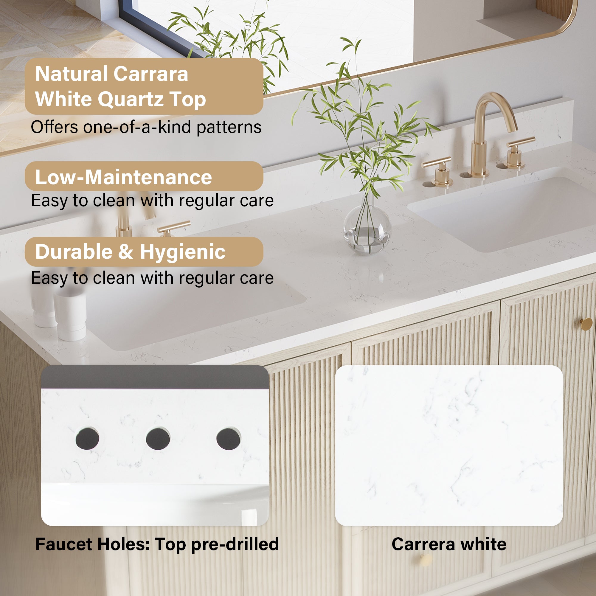 60" ASH Bathroom Vanity with Double Undermount Sinks, 3 Dovetail-constructed Drawers, 4 Soft-Closing Doors