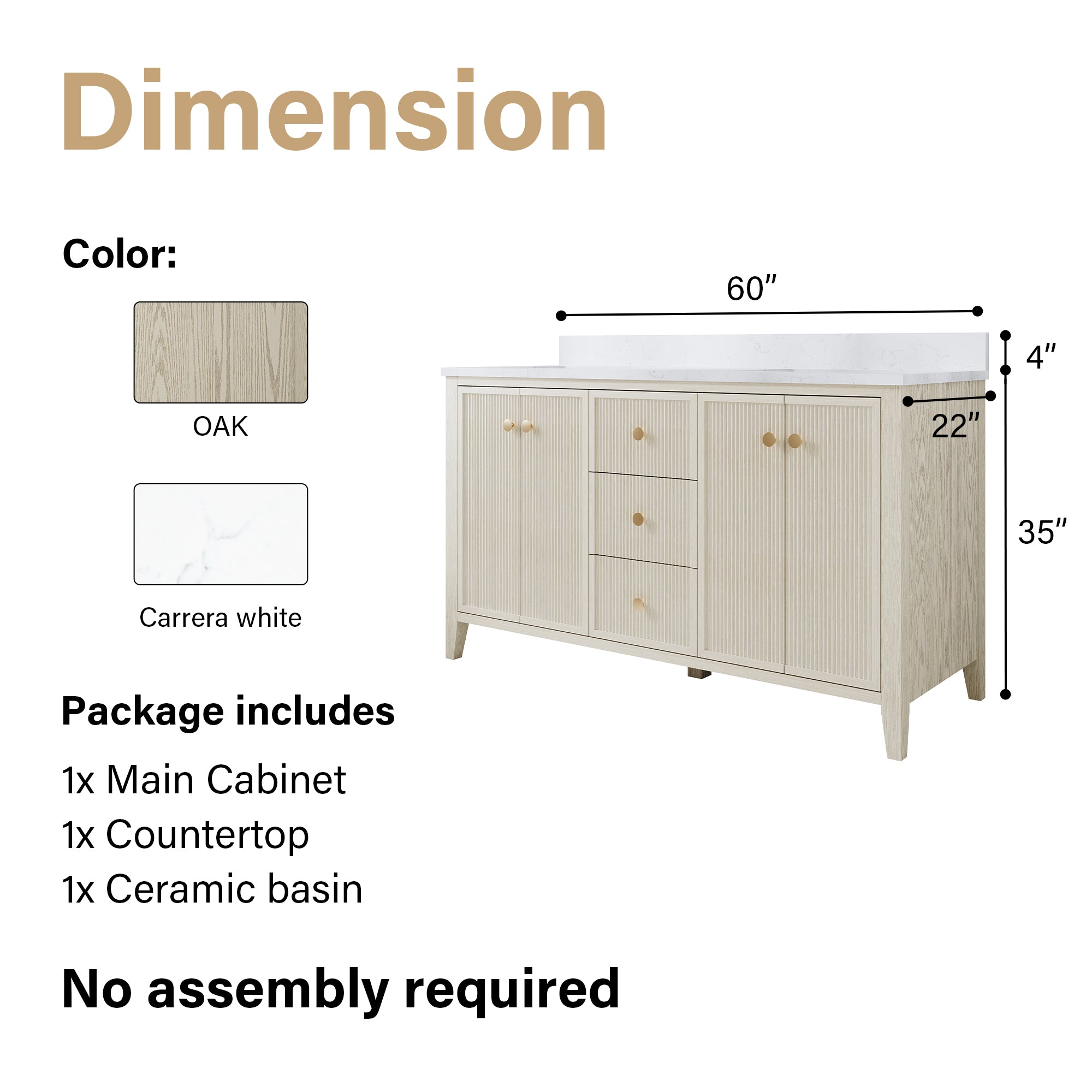 60" ASH Bathroom Vanity with Double Undermount Sinks, 3 Dovetail-constructed Drawers, 4 Soft-Closing Doors