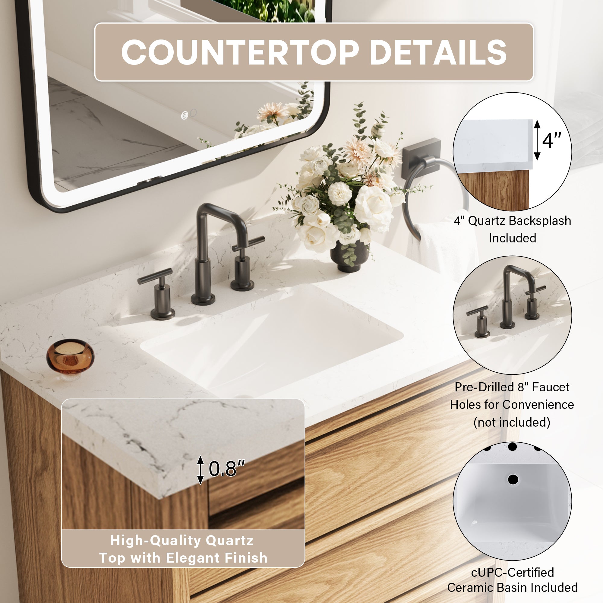 36 Inch Oak Soild Wood Bathroom Vanity with Single Undermount Sink, 3 Dovetail-constructed Drawers