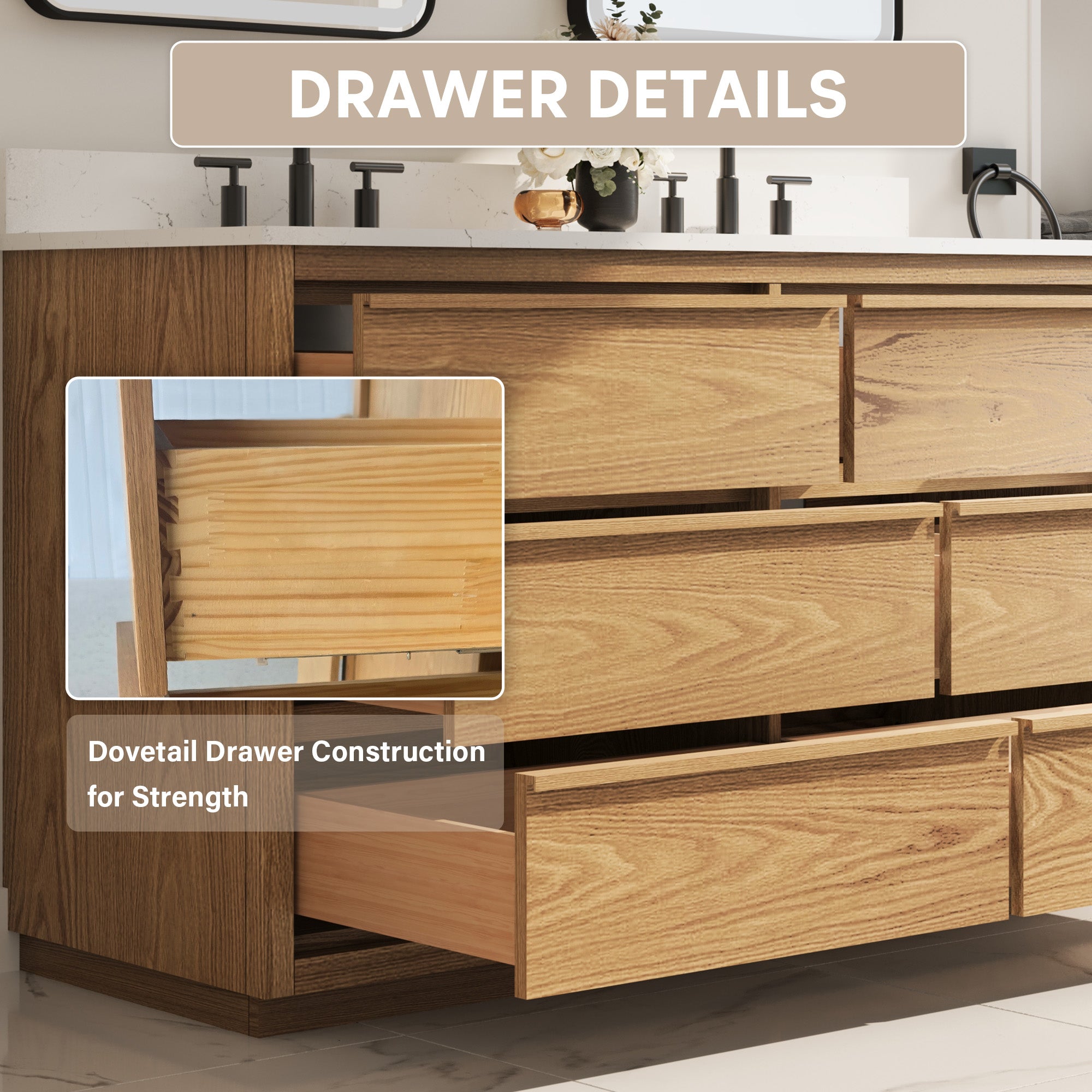 60 Inch Oak Soild Wood Bathroom Vanity with Double Undermount Sinks, 6 Dovetail-constructed Drawers