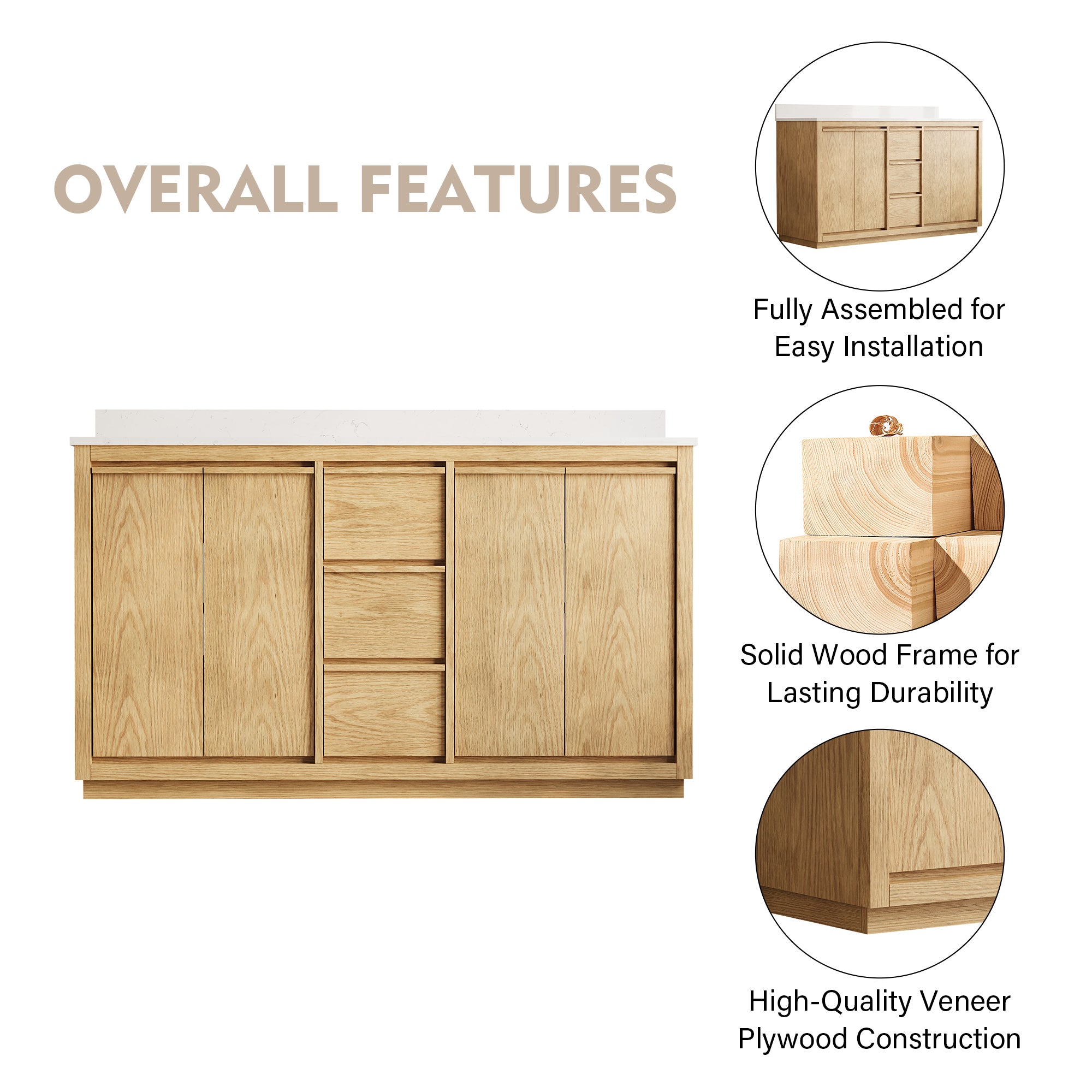 60 Inch Oak Soild Wood Bathroom Vanity with Double Undermount Sinks, 3 Dovetail-constructed Drawers and 4 Soft-close Doors