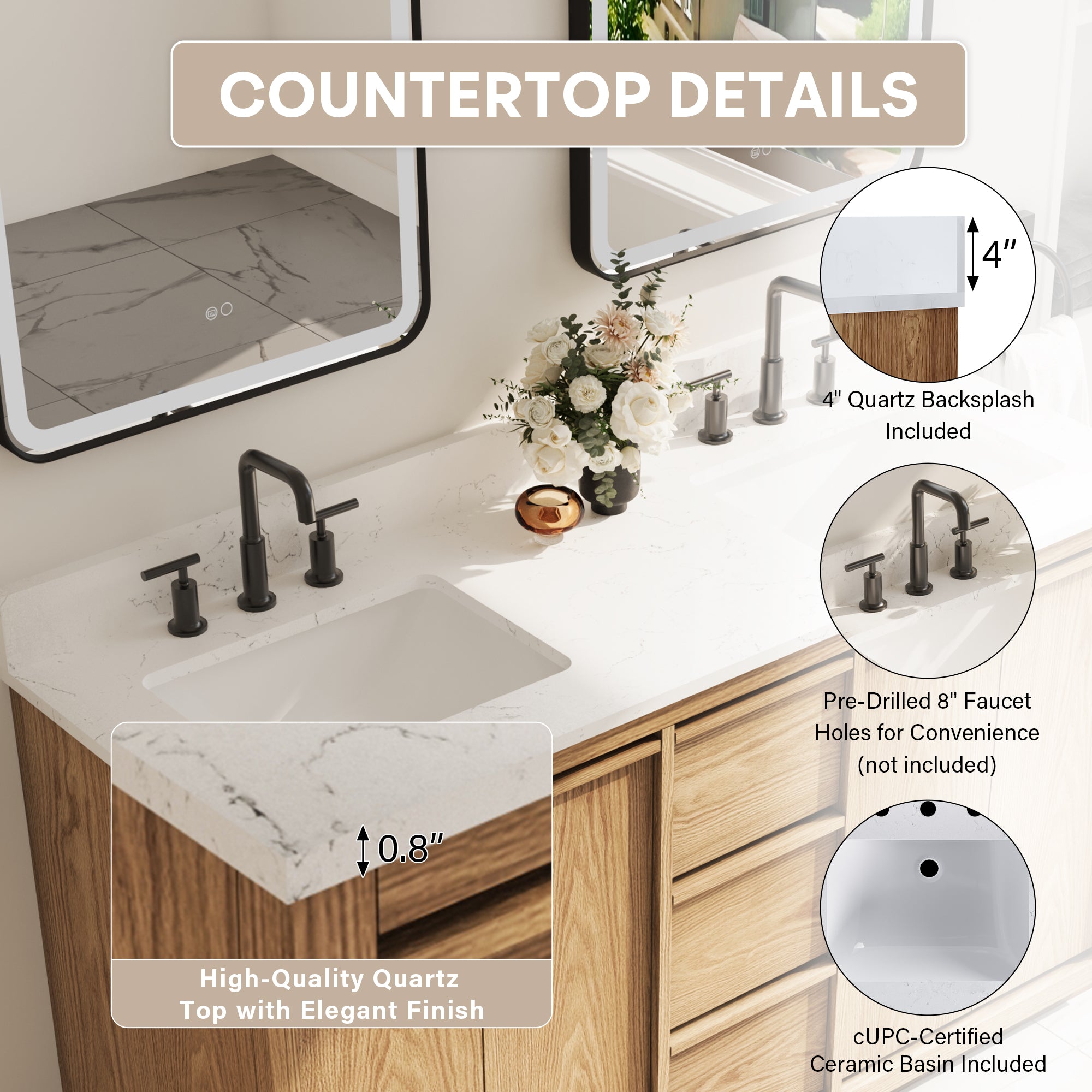 60 Inch Oak Soild Wood Bathroom Vanity with Double Undermount Sinks, 3 Dovetail-constructed Drawers and 4 Soft-close Doors