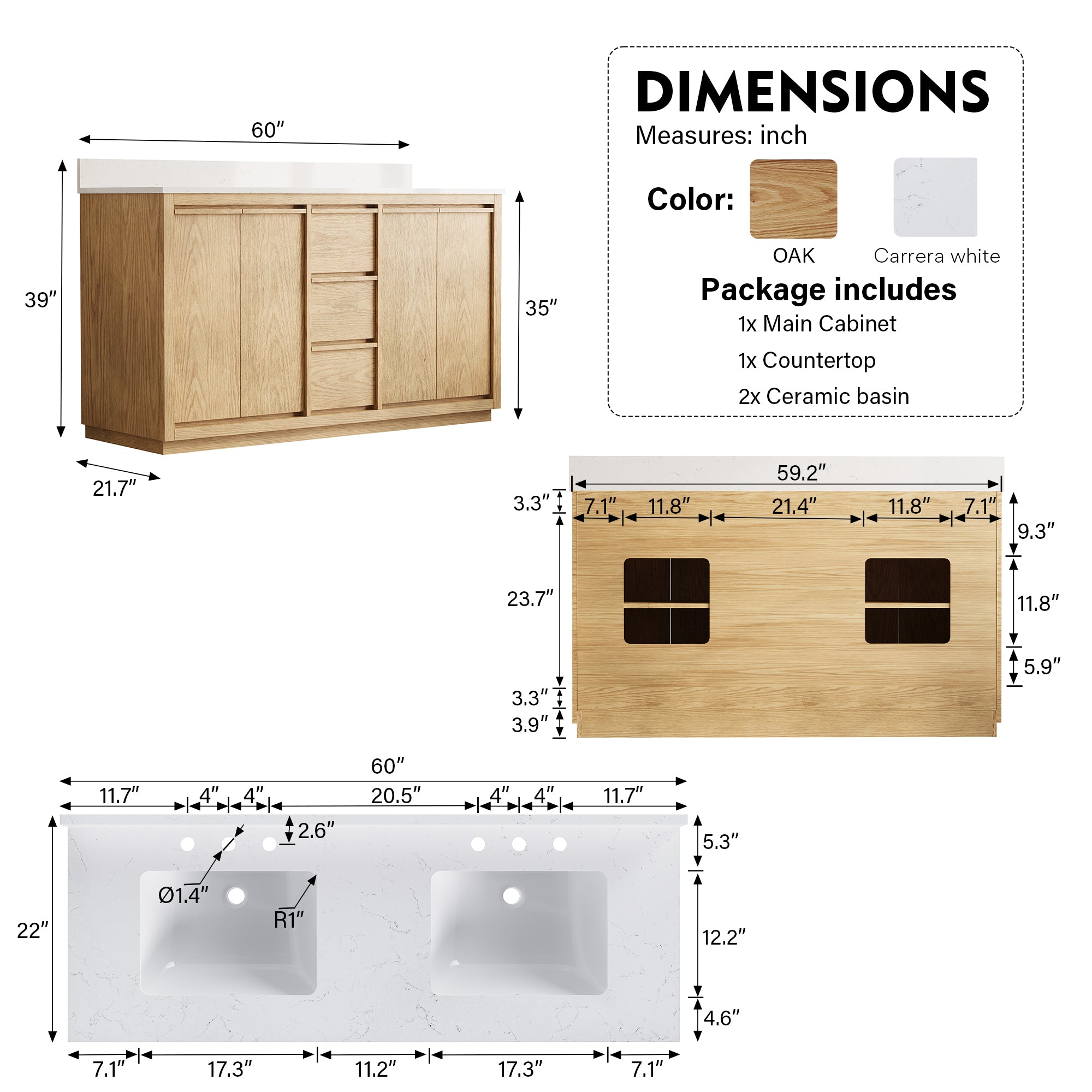 60 Inch Oak Soild Wood Bathroom Vanity with Double Undermount Sinks, 3 Dovetail-constructed Drawers and 4 Soft-close Doors